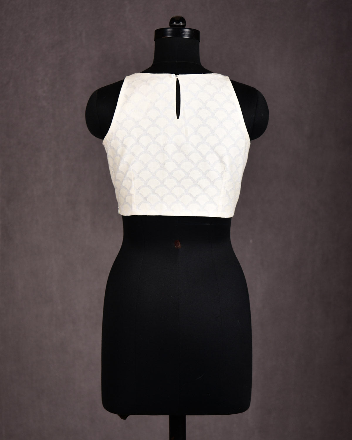 Cream Brocade Handwoven Princess-Cut Boat-Neck Cotton Silk Sleeveless Blouse-HolyWeaves