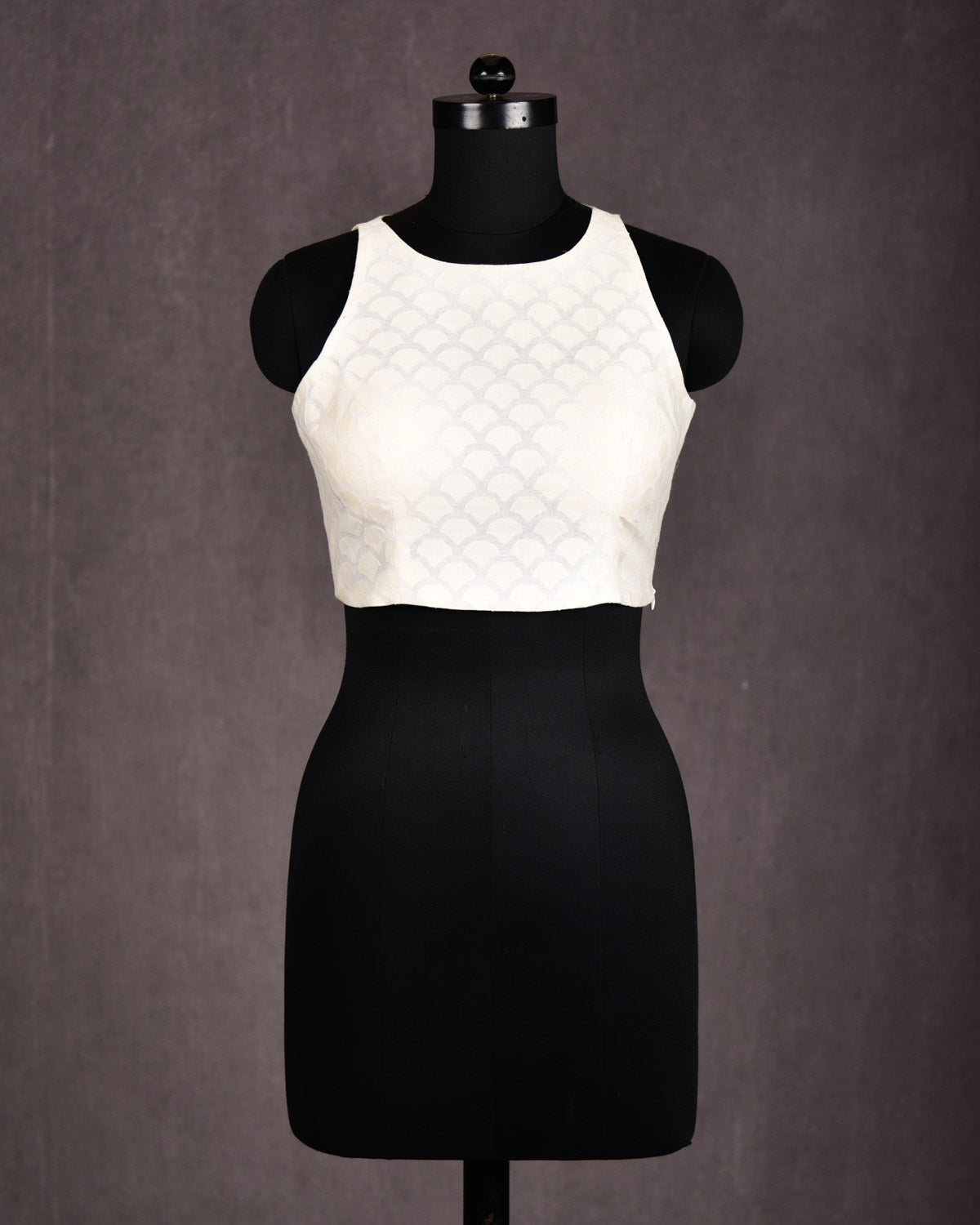 Cream Brocade Handwoven Princess-Cut Boat-Neck Cotton Silk Sleeveless Blouse-HolyWeaves