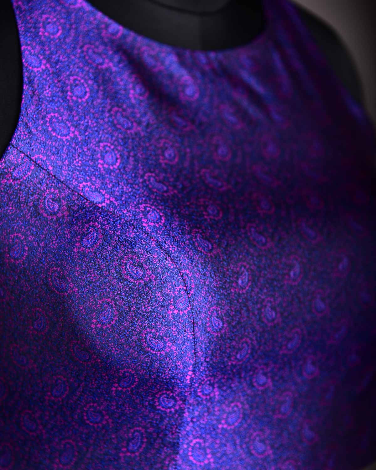 Pink-Blue Paisely Sleeveless Halter Neck Princess Cut Katan Jamawar Blouse-HolyWeaves