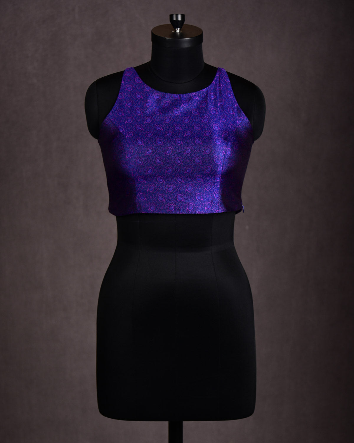 Pink-Blue Paisely Sleeveless Halter Neck Princess Cut Katan Jamawar Blouse-HolyWeaves