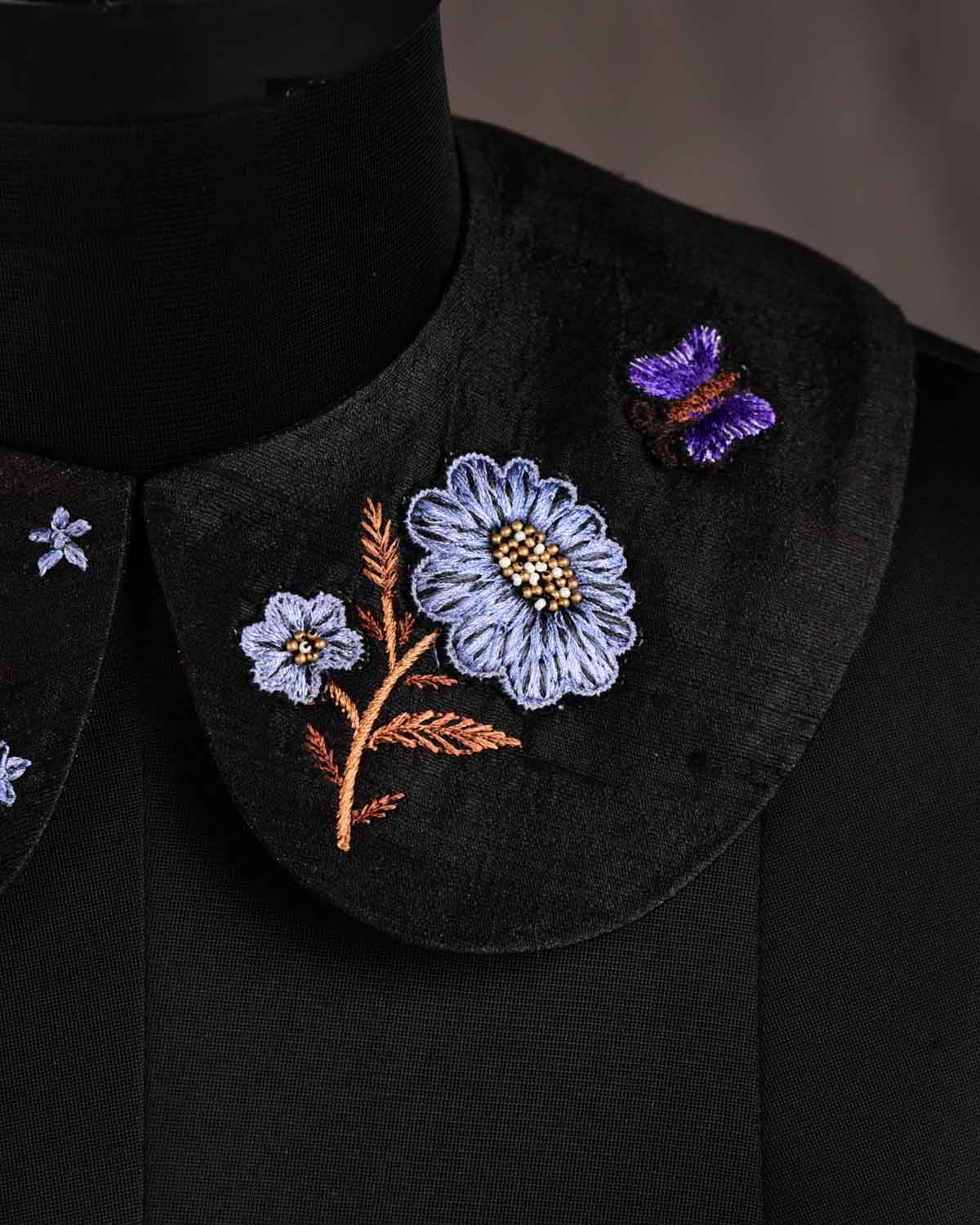 Black Phool & Titli Hand-embroidered Raw Silk Detachable Peter Pan Collar-HolyWeaves