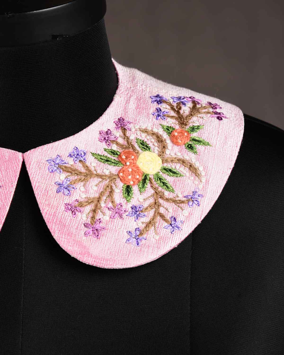 Pink Flowers & Butterflies Hand-embroidered Raw Silk Detachable Peter Pan Collar-HolyWeaves