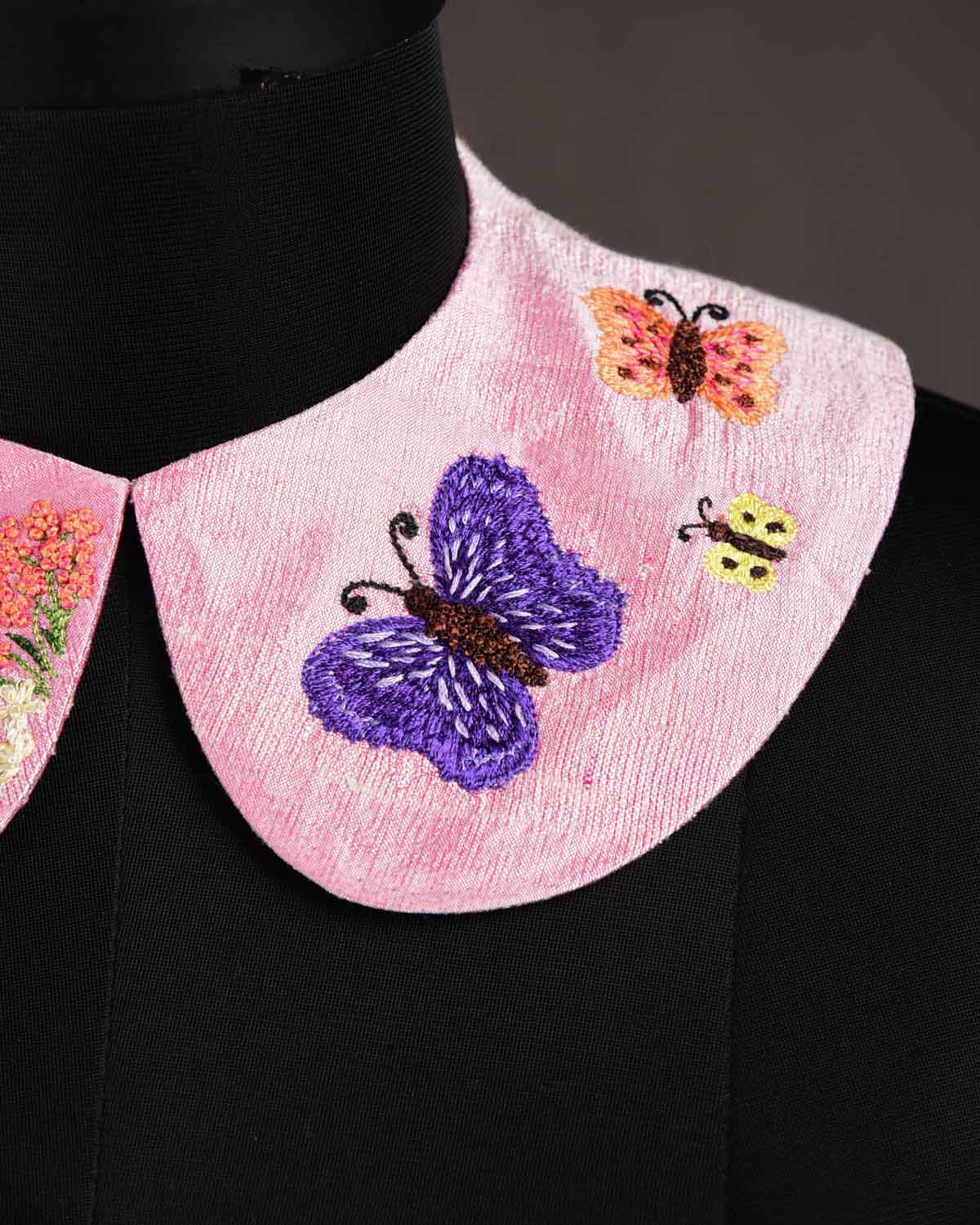 Pink Floral Hand-embroidered Raw Silk Detachable Peter Pan Collar-HolyWeaves
