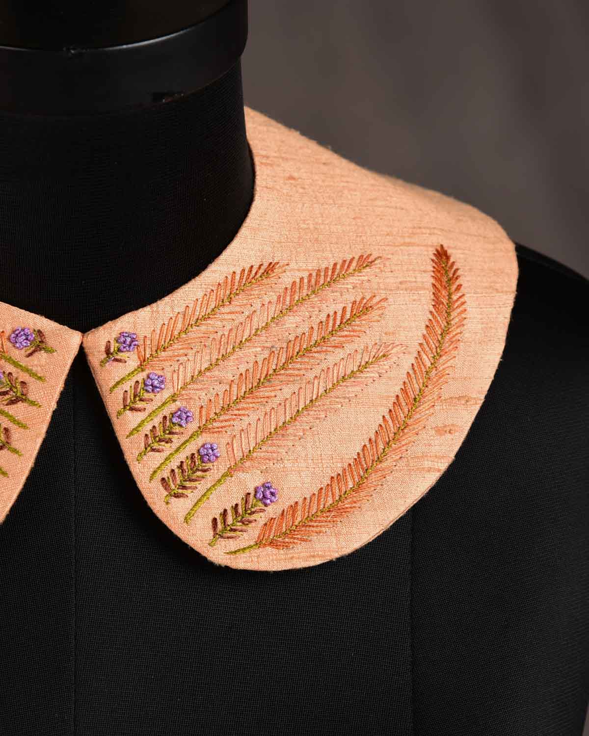 Peach Fern Leaves Hand-embroidered Raw Silk Detachable Peter Pan Collar-HolyWeaves