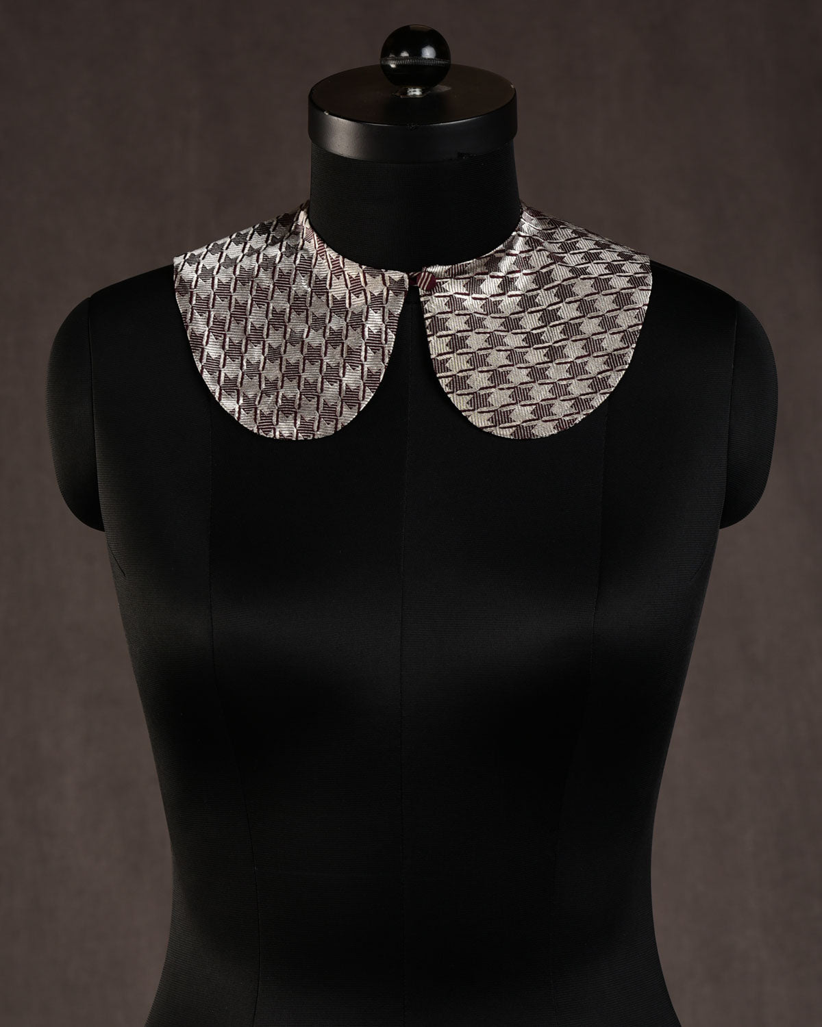 Mahogany Silver Zari Houndstooth Handwoven Silk Detachable Peter Pan Collar-HolyWeaves