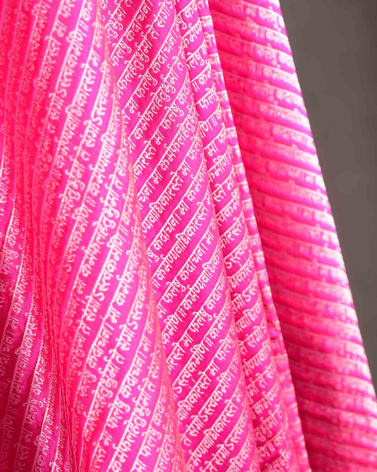 Fuchsia Pink Silver Zari Geeta Shlok 2.47 Brocade Handwoven Katan Silk Banarasi Dupatta-HolyWeaves