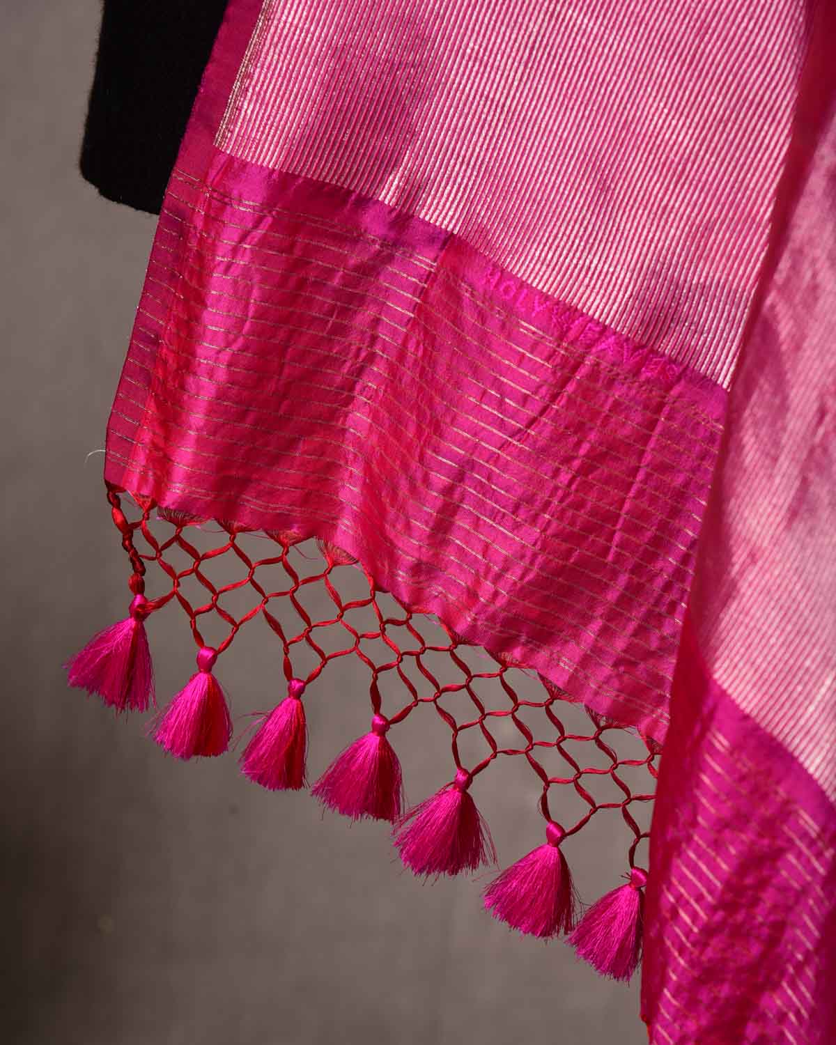 Fuchsia Pink Silver Zari Geeta Shlok 2.47 Brocade Handwoven Katan Silk Banarasi Dupatta-HolyWeaves
