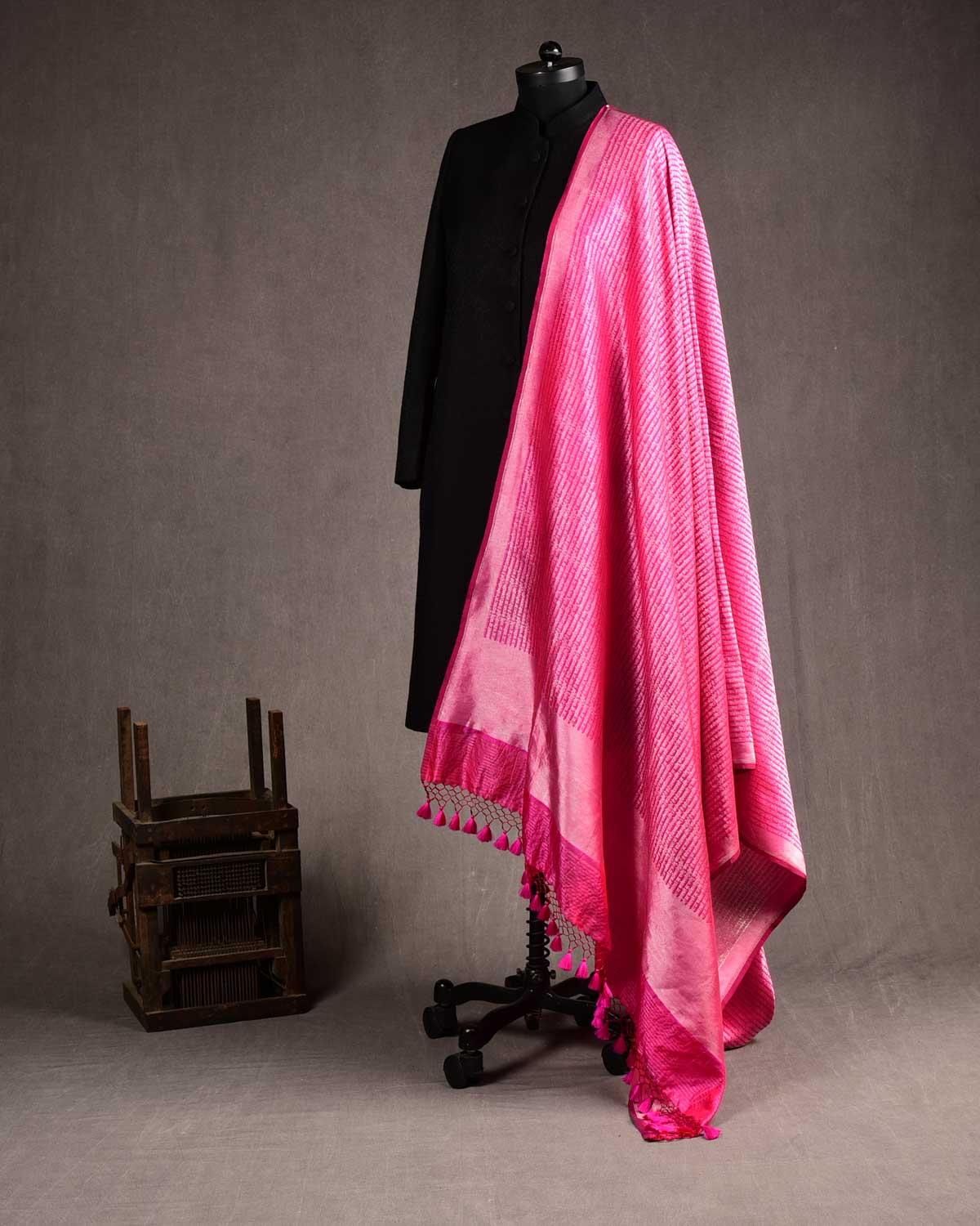 Fuchsia Pink Silver Zari Geeta Shlok 2.47 Brocade Handwoven Katan Silk Banarasi Dupatta-HolyWeaves