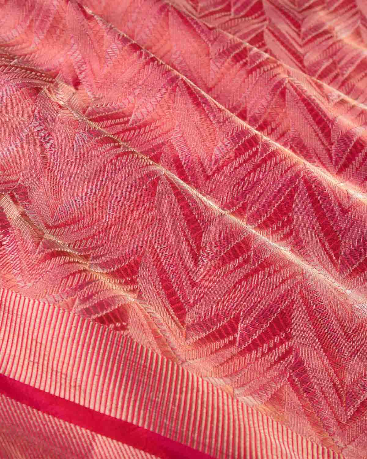 Shot Red-Pink Banarasi Gold & Silver Zari Alfi Chevron Brocade Handwoven Katan Silk Dupatta-HolyWeaves