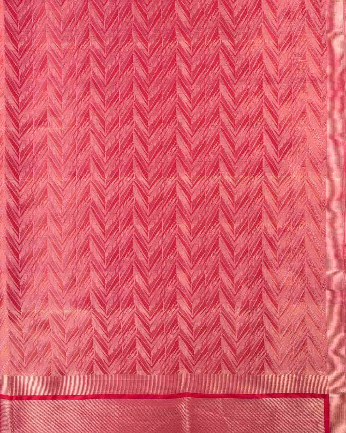 Shot Red-Pink Banarasi Gold & Silver Zari Alfi Chevron Brocade Handwoven Katan Silk Dupatta-HolyWeaves