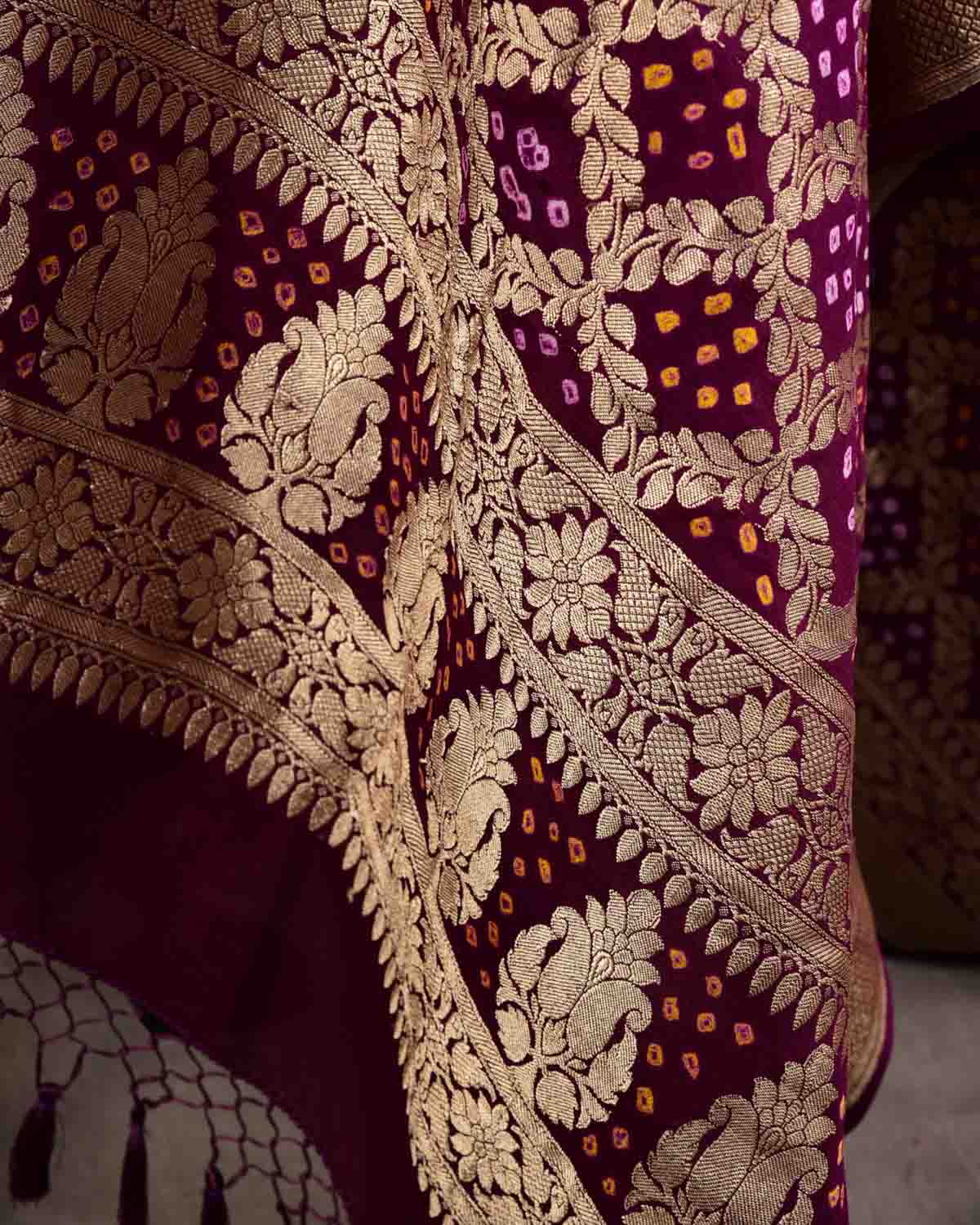 Purple Banarasi Gold Zari Cutwork Brocade Handwoven Khaddi Georgette Dupatta with 2-color Bandhej-HolyWeaves