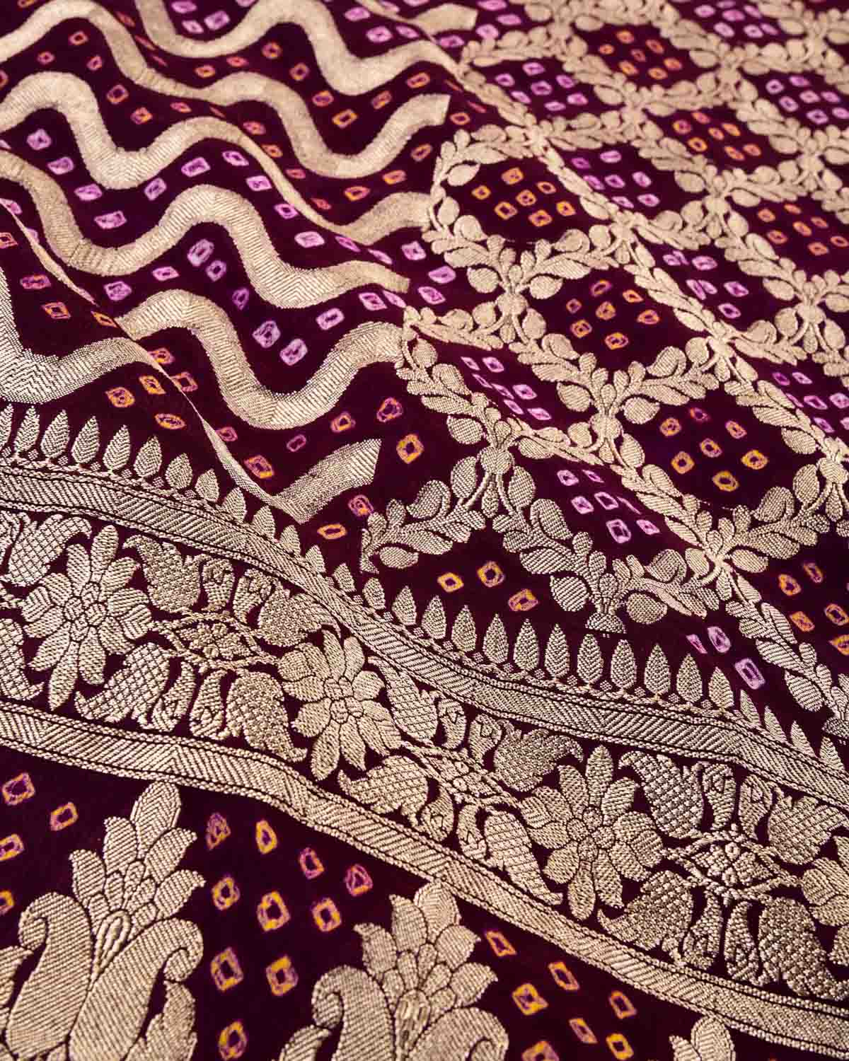 Purple Banarasi Gold Zari Cutwork Brocade Handwoven Khaddi Georgette Dupatta with 2-color Bandhej-HolyWeaves