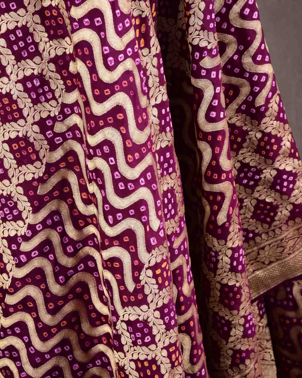 Purple Banarasi Gold Zari Cutwork Brocade Handwoven Khaddi Georgette Dupatta with 2-color Bandhej-HolyWeaves