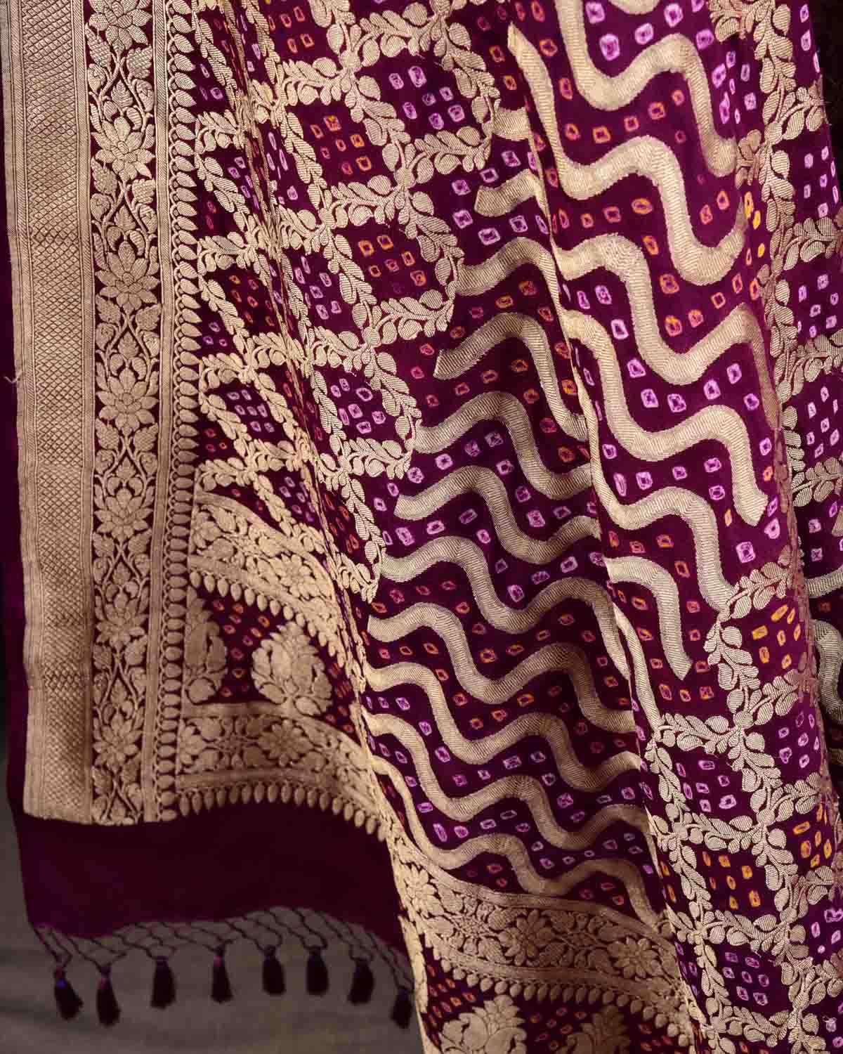 Purple Banarasi Gold Zari Cutwork Brocade Handwoven Khaddi Georgette Dupatta with 2-color Bandhej-HolyWeaves