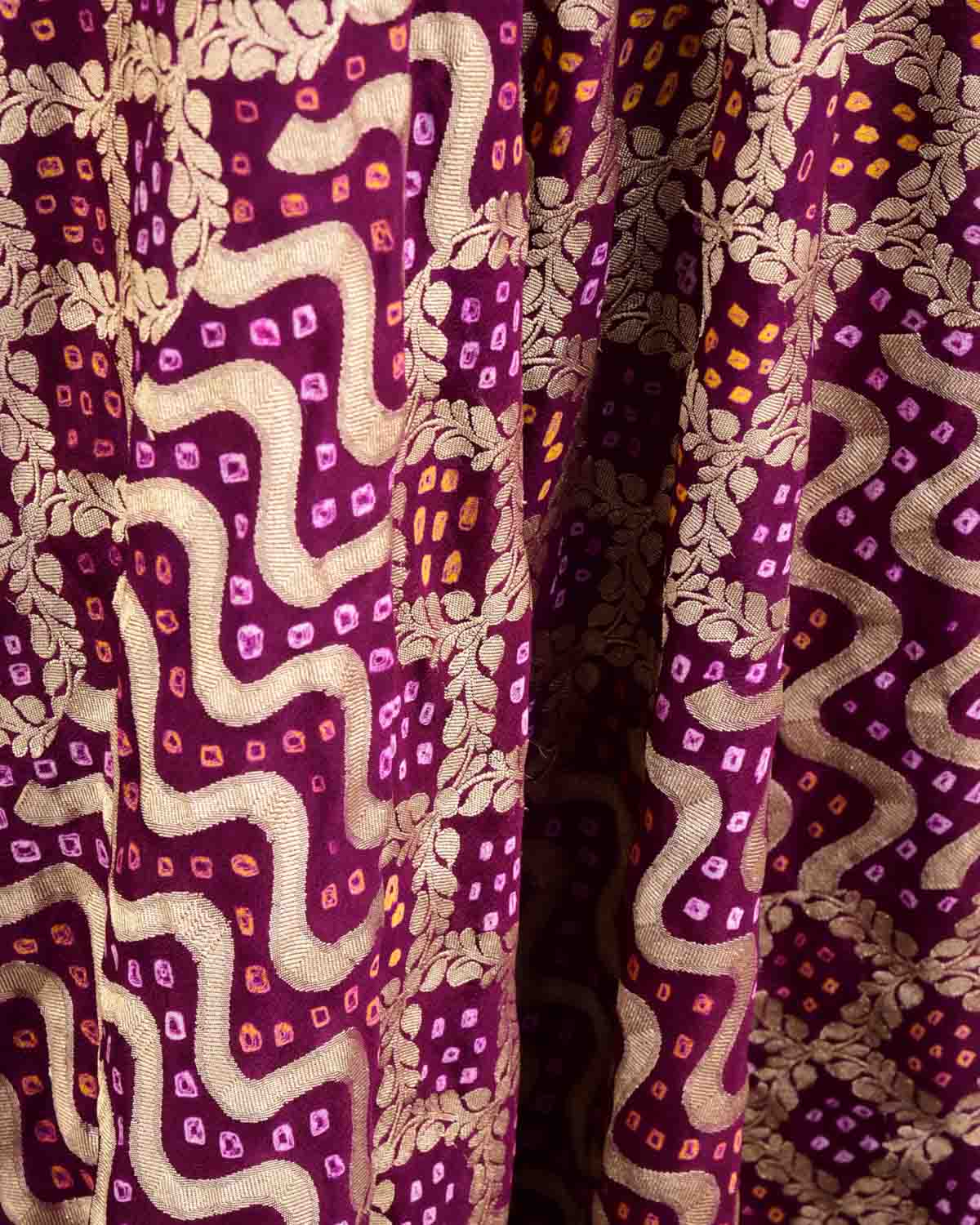 Purple Banarasi Gold Zari Cutwork Brocade Handwoven Khaddi Georgette Dupatta with 2-color Bandhej-HolyWeaves