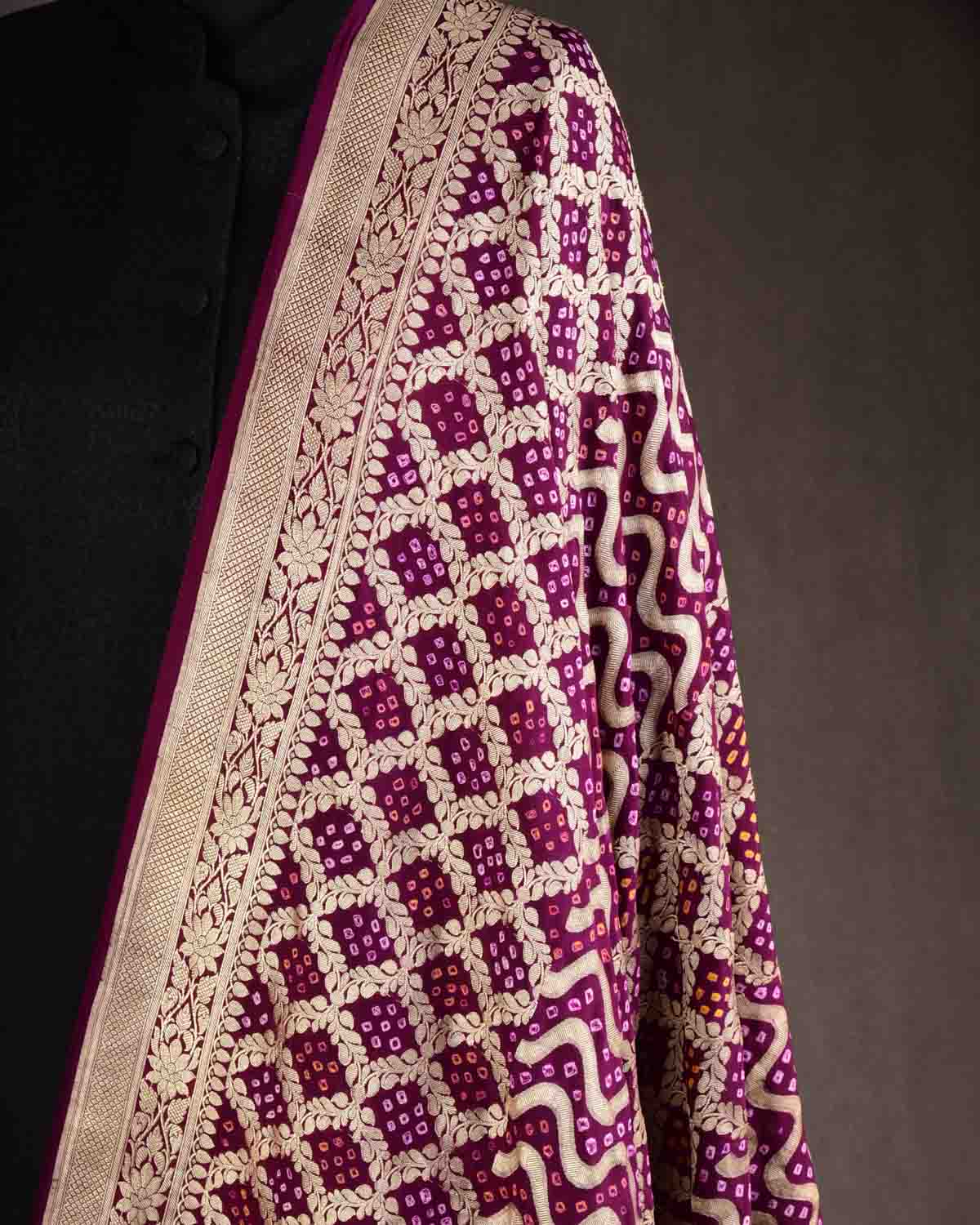 Purple Banarasi Gold Zari Cutwork Brocade Handwoven Khaddi Georgette Dupatta with 2-color Bandhej-HolyWeaves