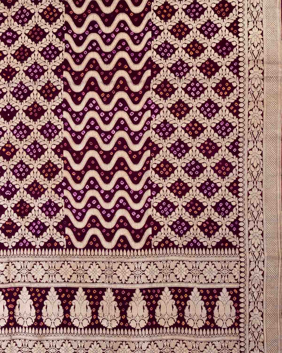 Purple Banarasi Gold Zari Cutwork Brocade Handwoven Khaddi Georgette Dupatta with 2-color Bandhej-HolyWeaves