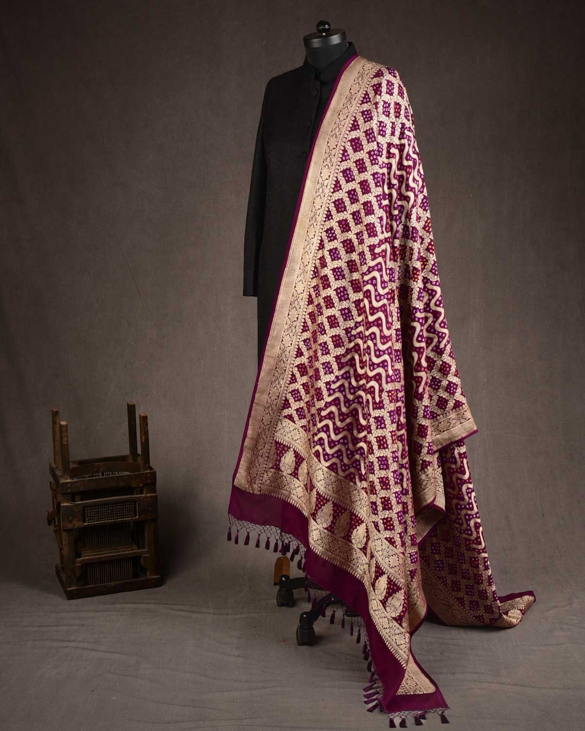Purple Banarasi Gold Zari Cutwork Brocade Handwoven Khaddi Georgette Dupatta with 2-color Bandhej-HolyWeaves