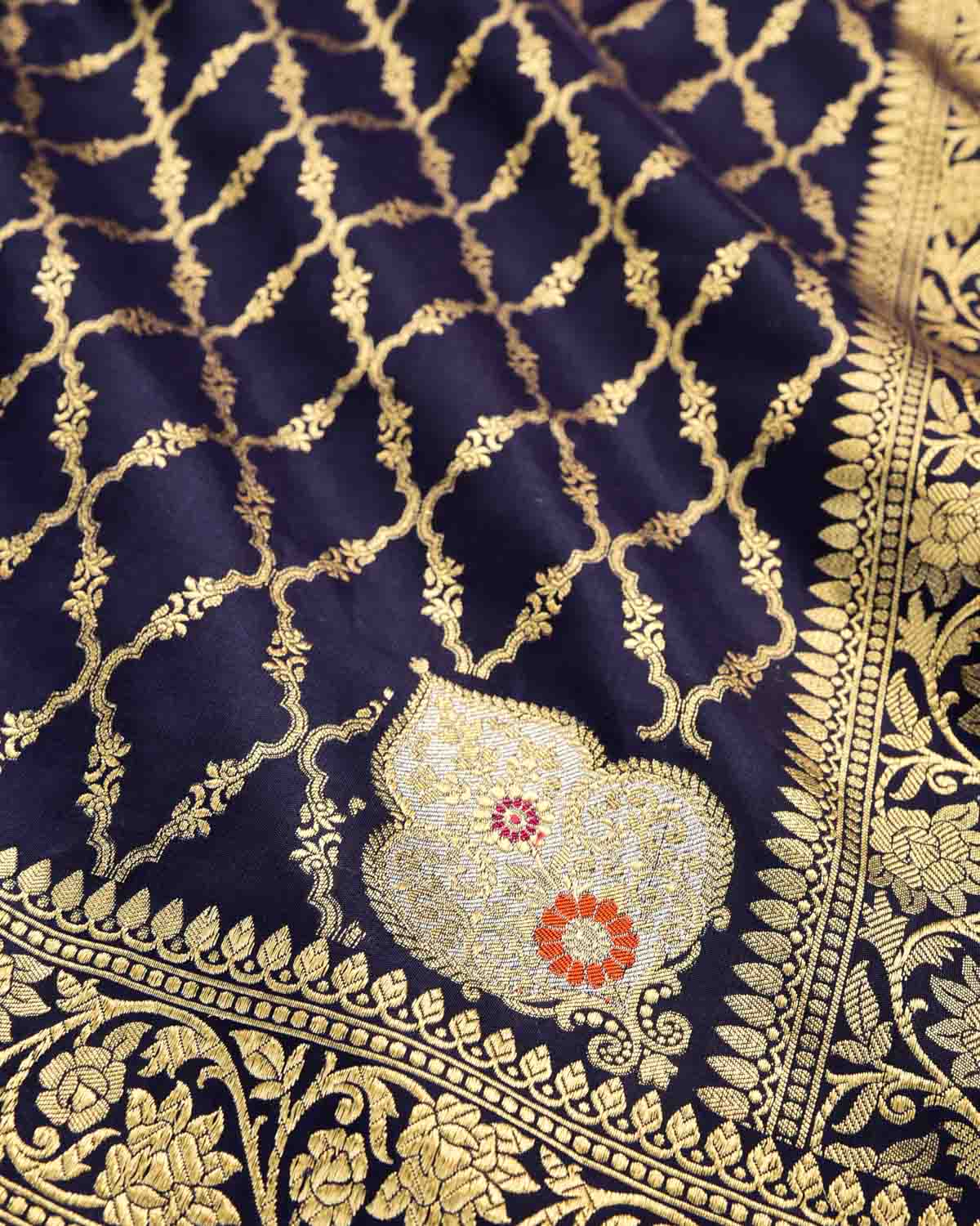 Navy Blue Banarasi Gold Zari Jangla Cutwork Brocade Handwoven Katan Silk Dupatta with Koniya Buta-HolyWeaves
