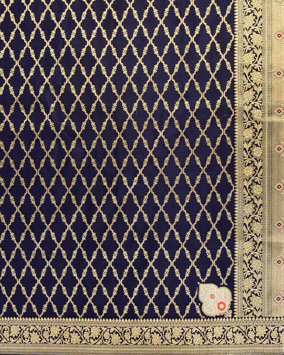 Navy Blue Banarasi Gold Zari Jangla Cutwork Brocade Handwoven Katan Silk Dupatta with Koniya Buta-HolyWeaves