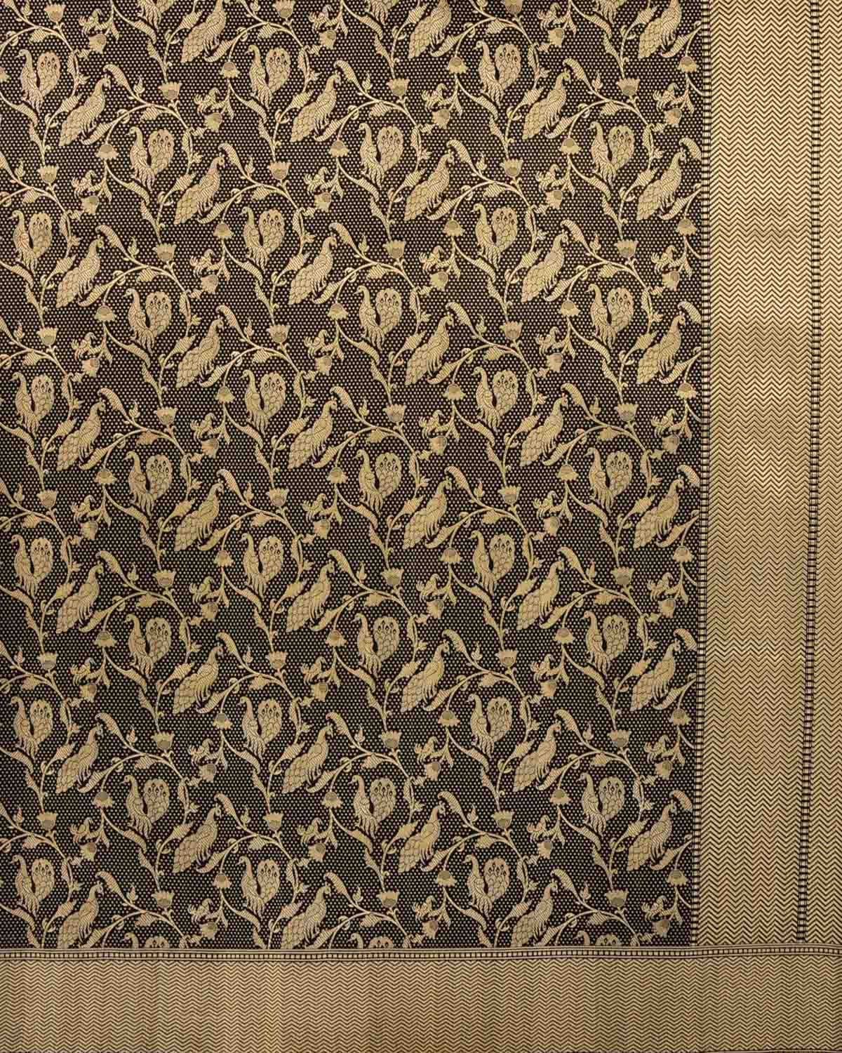 Black Banarasi Gold Zari Peacock Jaal Brocade Handwoven Katan Silk Dupatta-HolyWeaves