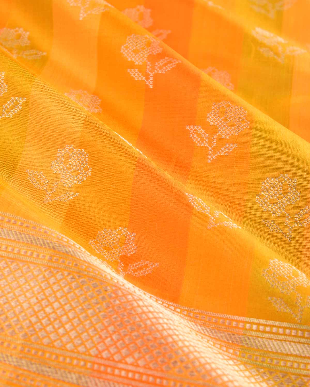 Striped Orange Gold Zari Gulab Buti Cutwork Brocade Handwoven Katan Silk Banarasi Dupatta-HolyWeaves