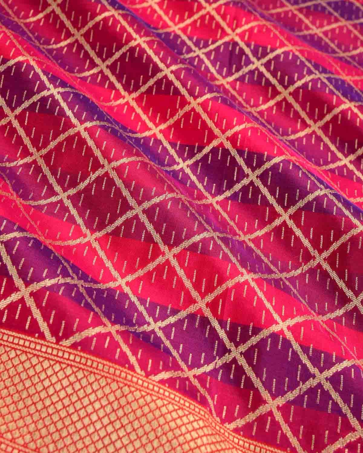 Striped Red Gold Zari Grids Cutwork Brocade Handwoven Katan Silk Banarasi Dupatta-HolyWeaves