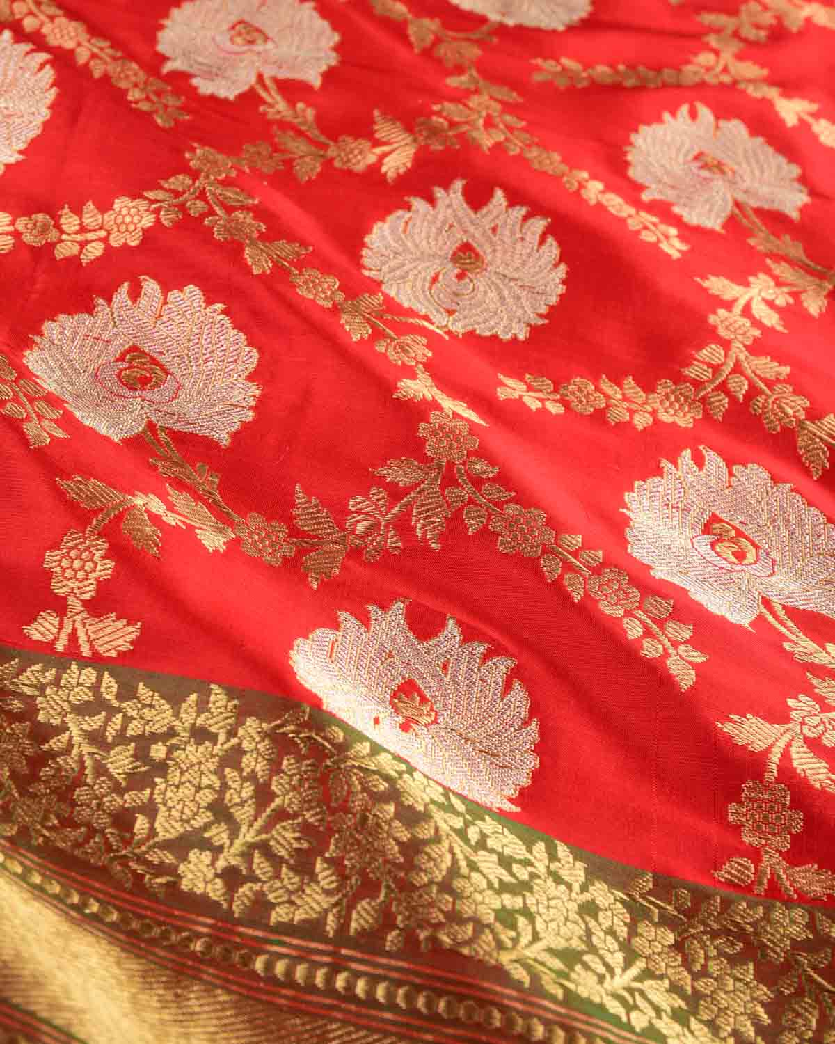 Red Gold & Silver Zari Kadhuan Brocade Handwoven Katan Silk Banarasi Dupatta-HolyWeaves