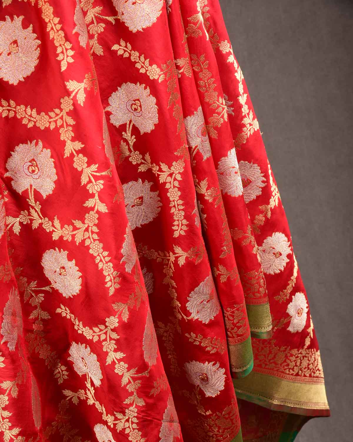 Red Gold & Silver Zari Kadhuan Brocade Handwoven Katan Silk Banarasi Dupatta-HolyWeaves