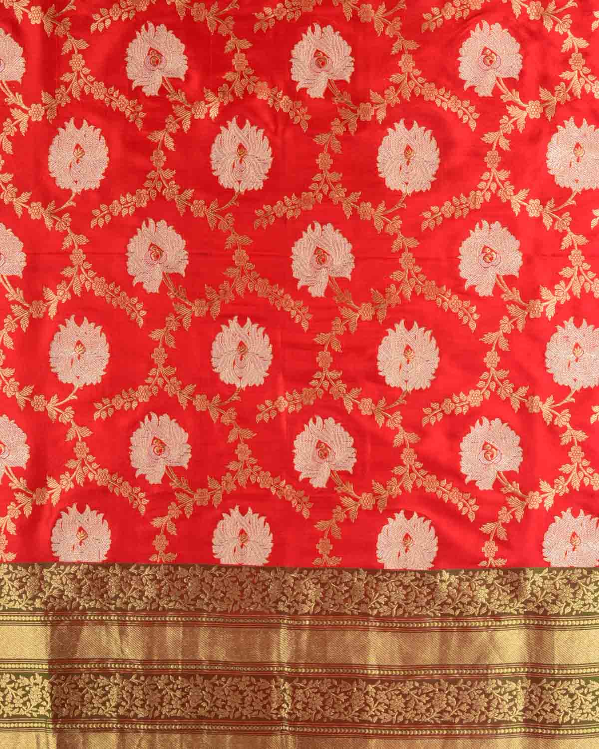 Red Gold & Silver Zari Kadhuan Brocade Handwoven Katan Silk Banarasi Dupatta-HolyWeaves