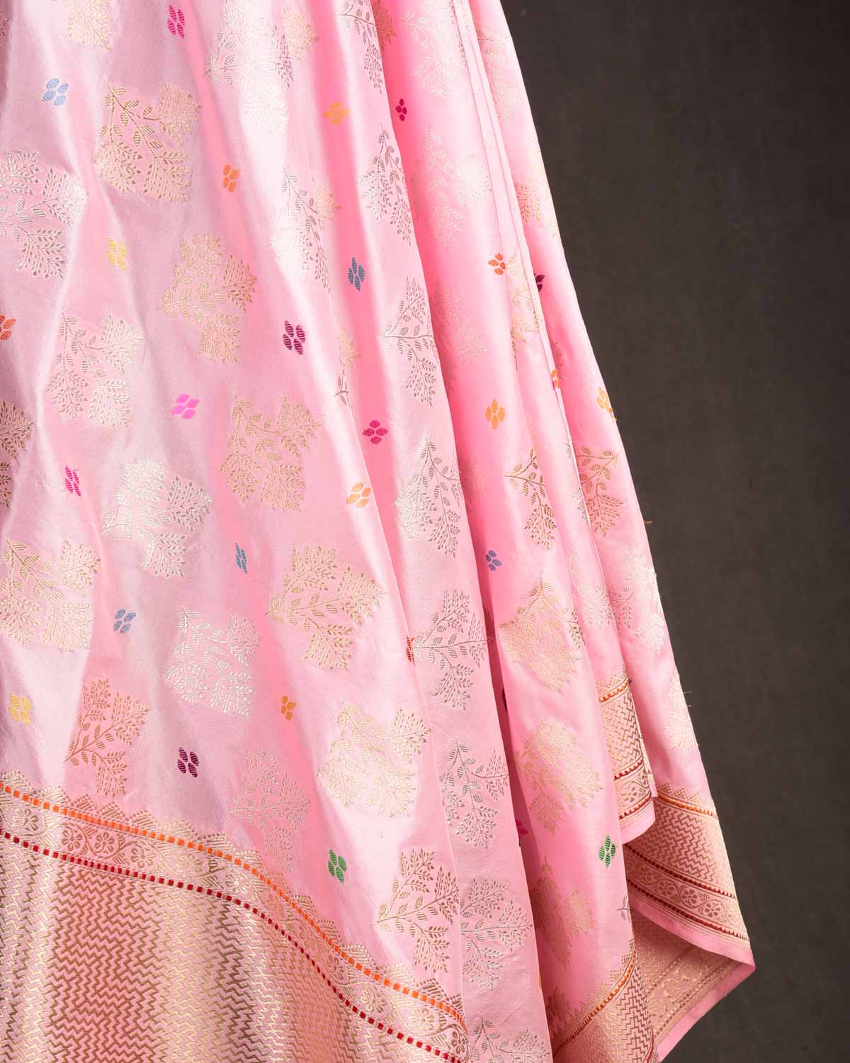 Baby Pink Gold & Silver Zari & Menekari Leaf Buti Kadhuan Brocade Handwoven Katan Silk Banarasi Dupatta-HolyWeaves