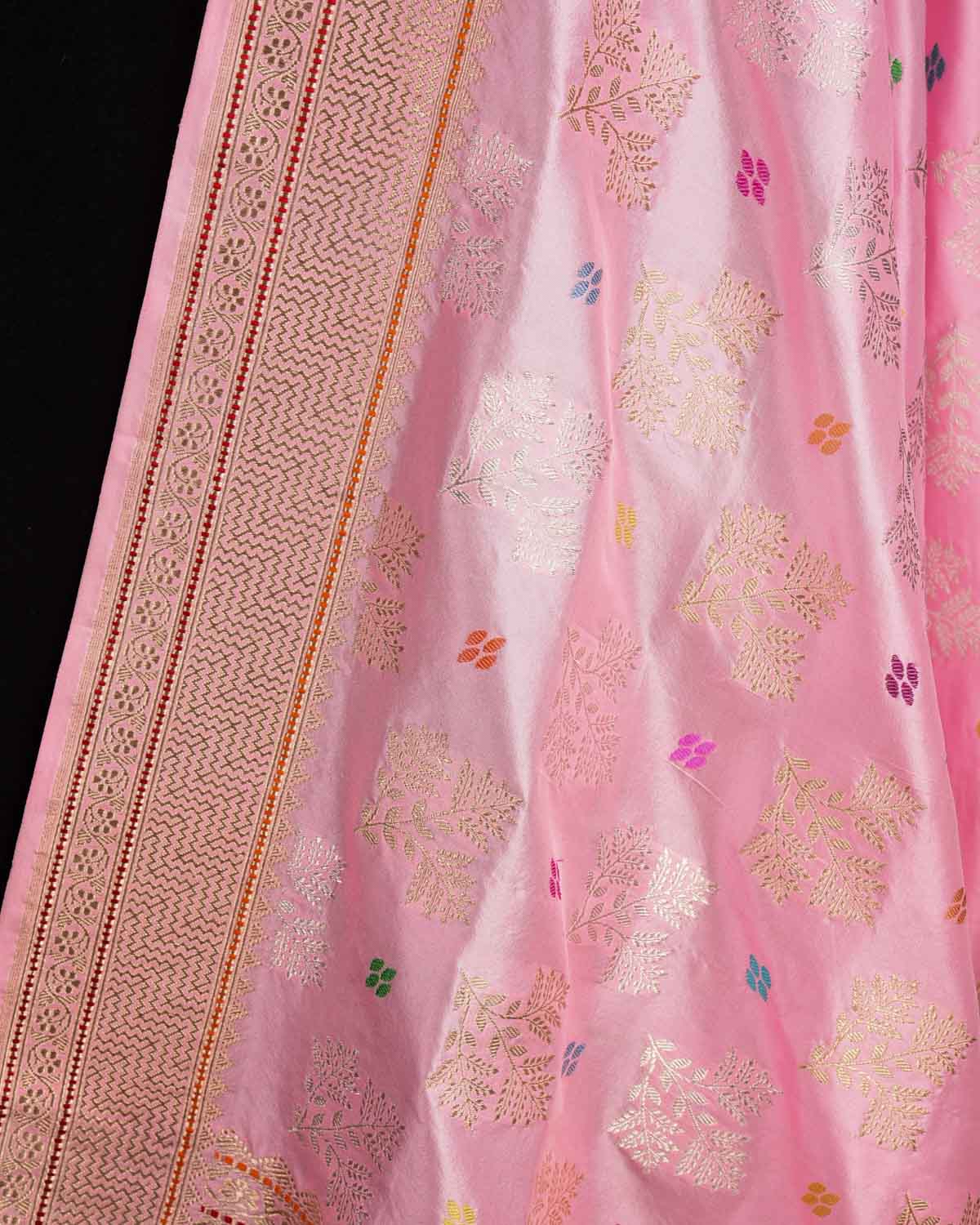 Baby Pink Gold & Silver Zari & Menekari Leaf Buti Kadhuan Brocade Handwoven Katan Silk Banarasi Dupatta-HolyWeaves