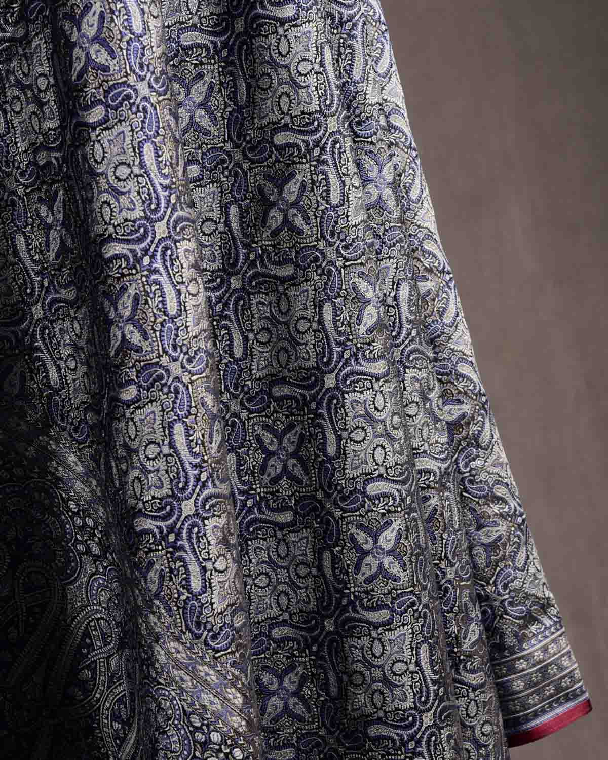 Gray Black Tehra Jamawar Brocade Handwoven Katan Silk Banarasi Dupatta-HolyWeaves