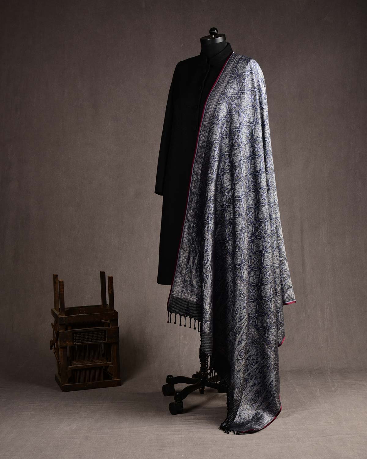 Gray Black Tehra Jamawar Brocade Handwoven Katan Silk Banarasi Dupatta-HolyWeaves