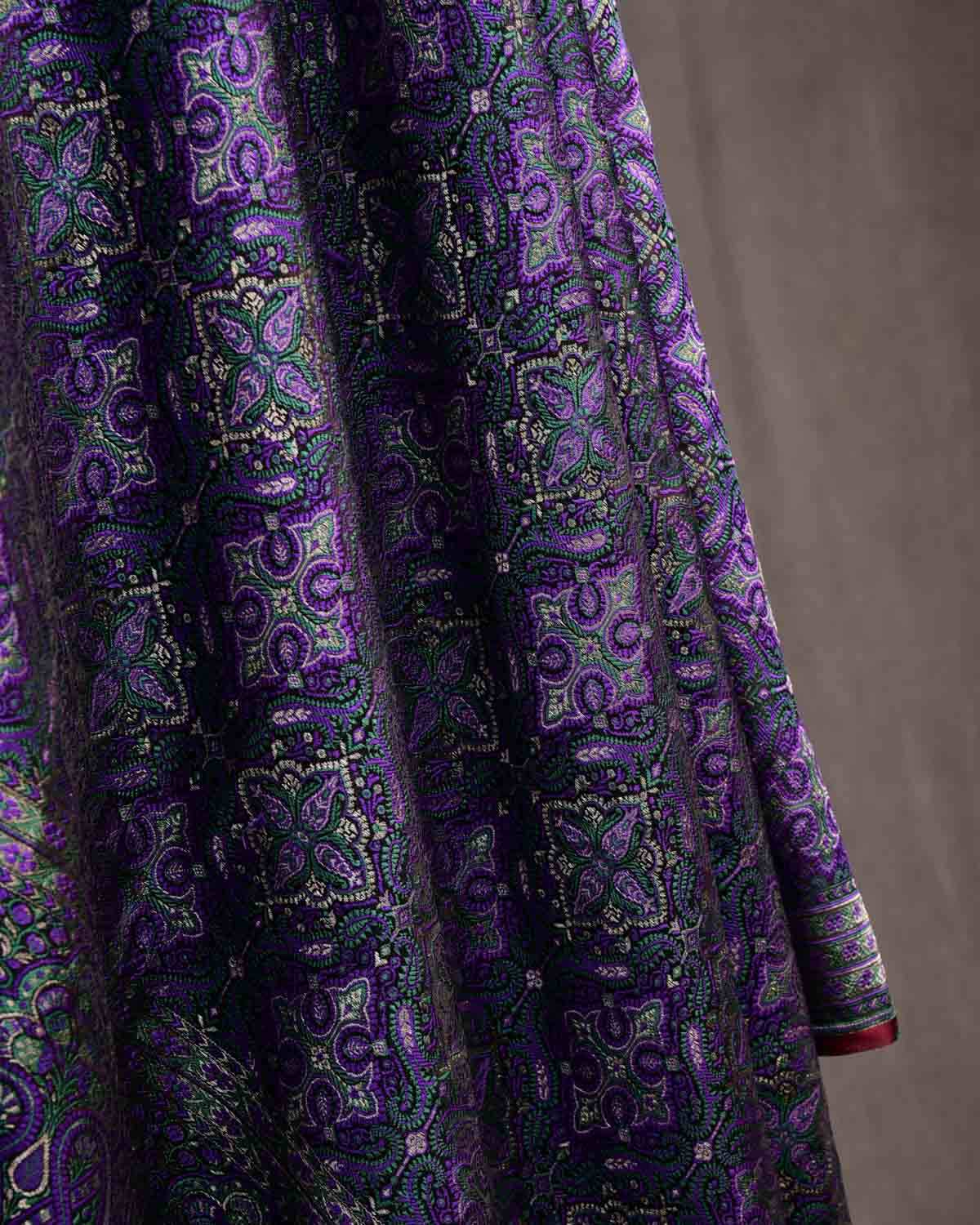 Green Purple Tehra Jamawar Brocade Handwoven Katan Silk Banarasi Dupatta-HolyWeaves