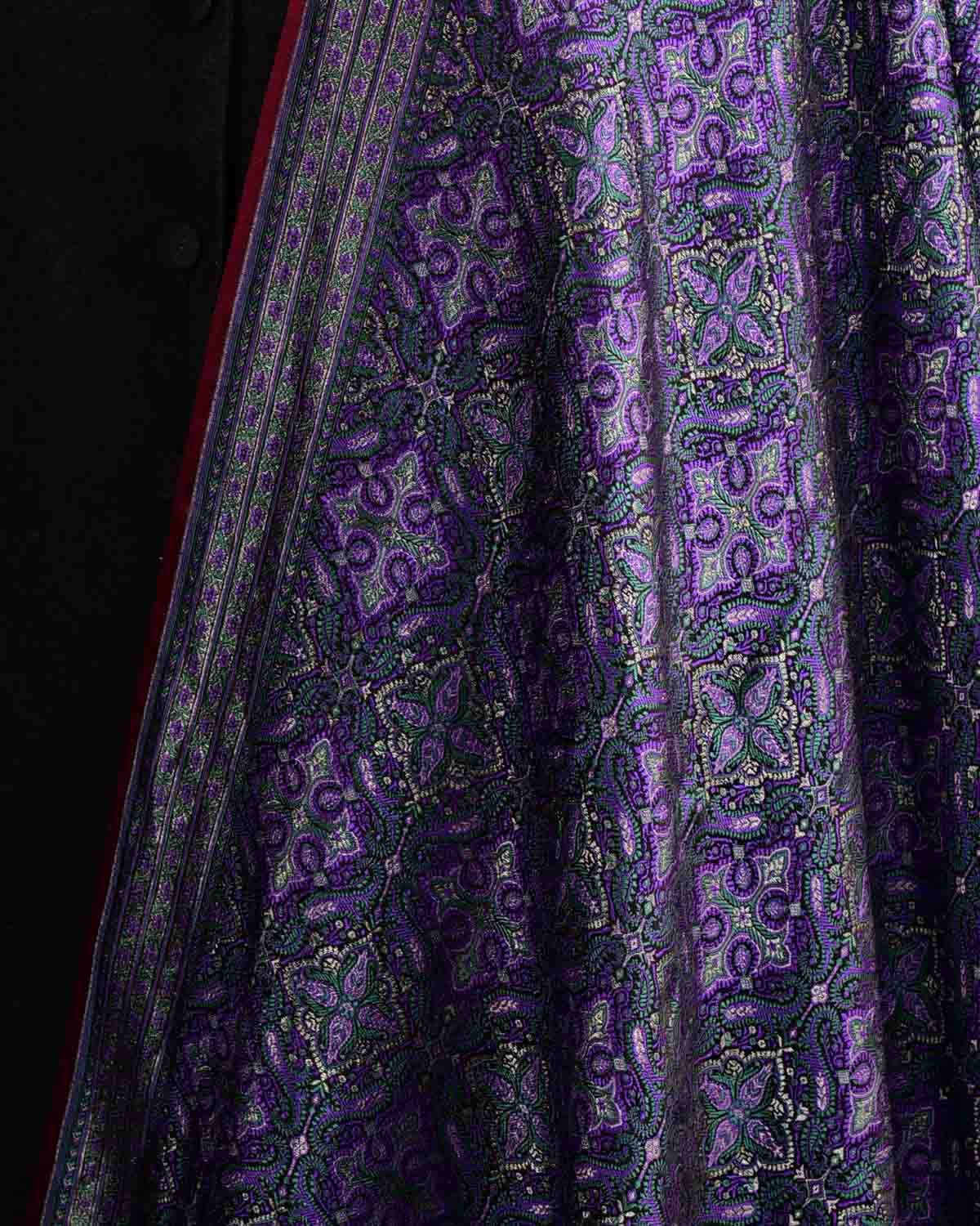 Green Purple Tehra Jamawar Brocade Handwoven Katan Silk Banarasi Dupatta-HolyWeaves