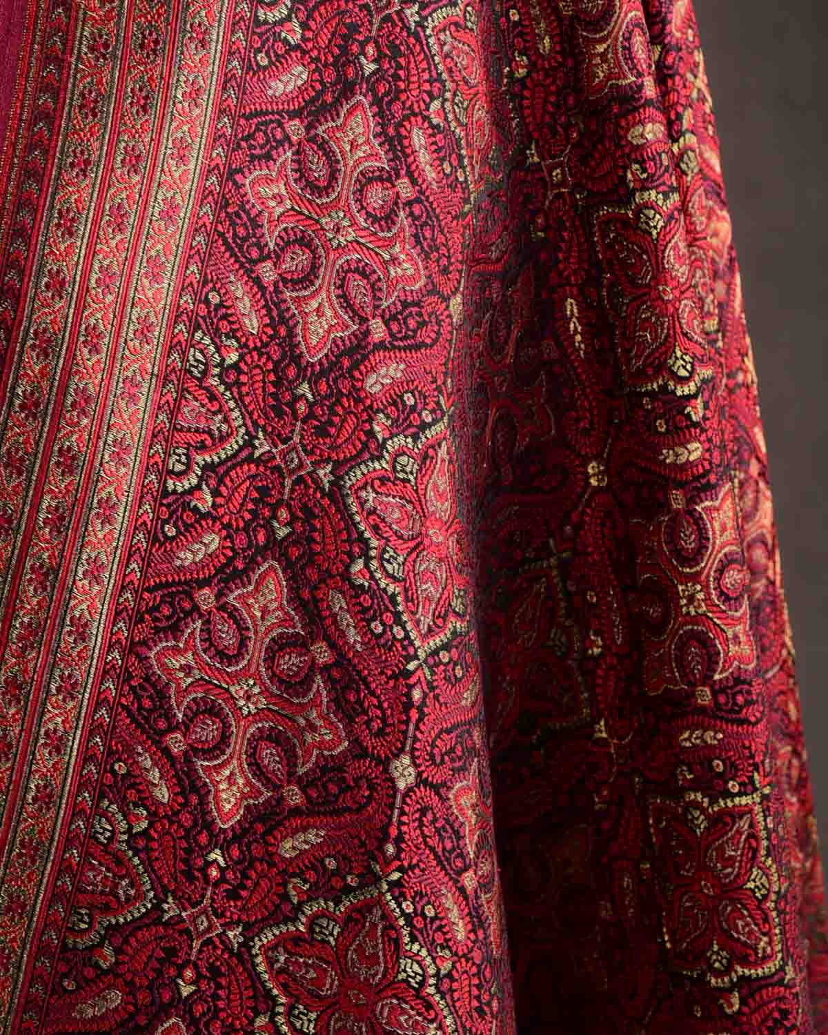 Maroon Tehra Jamawar Brocade Handwoven Katan Silk Banarasi Dupatta-HolyWeaves