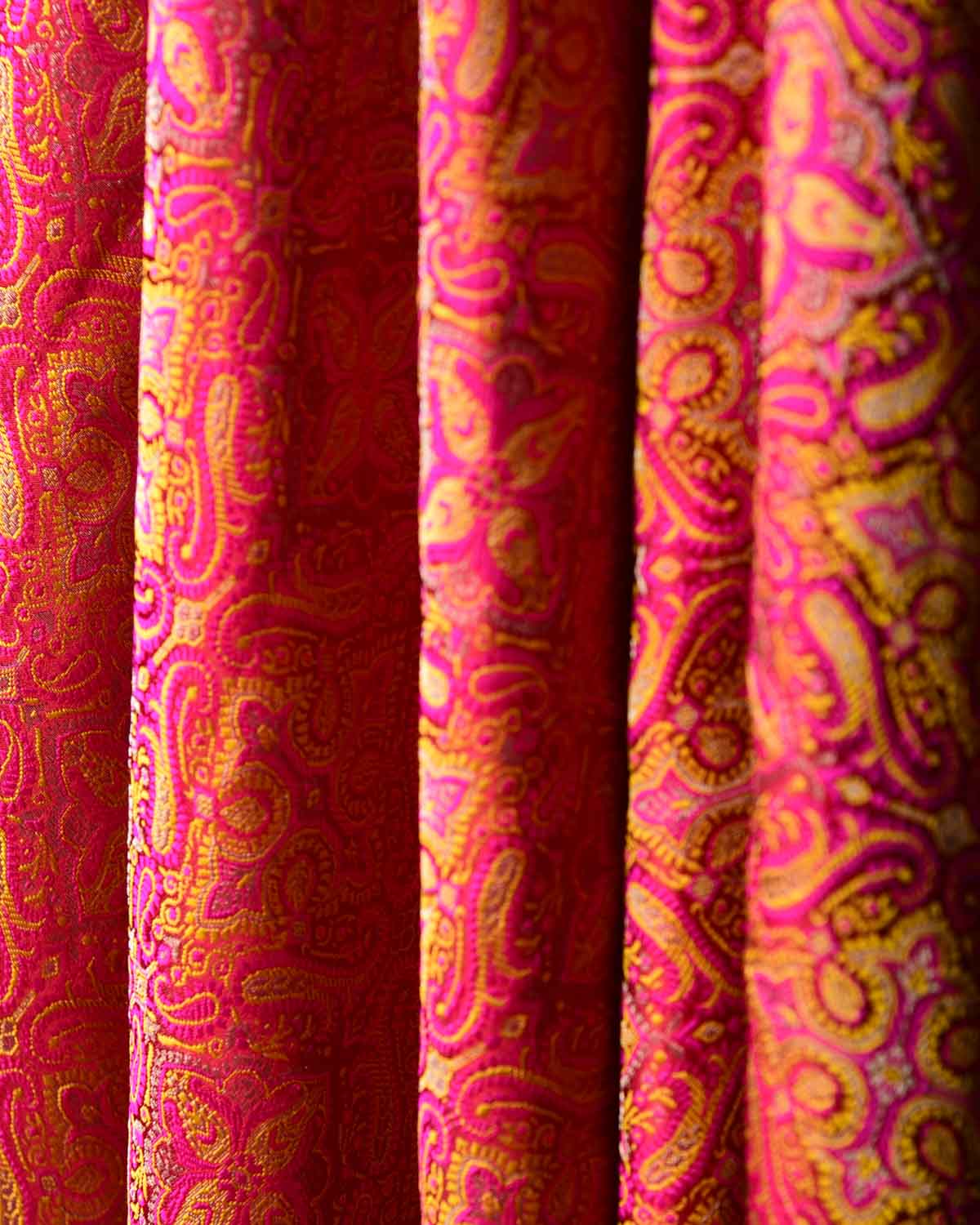 Pink-Yellow Tehra Jamawar Brocade Handwoven Katan Silk Banarasi Dupatta-HolyWeaves