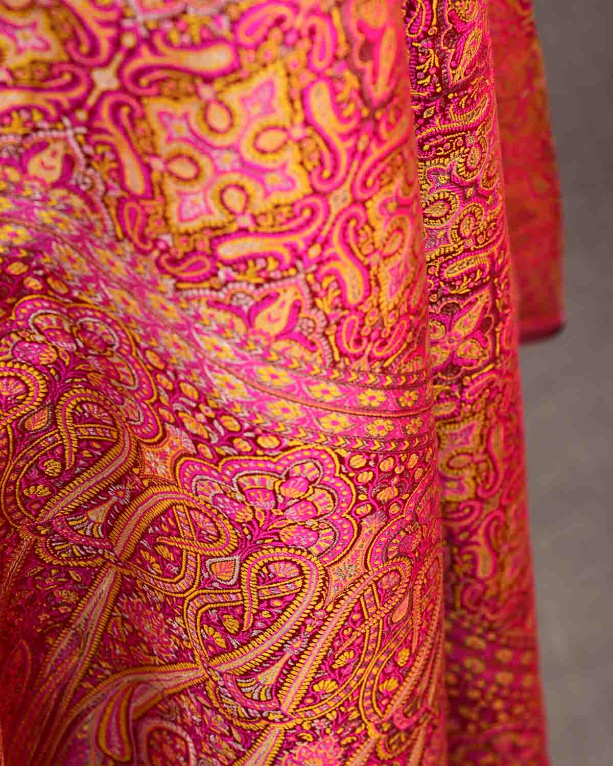 Pink-Yellow Tehra Jamawar Brocade Handwoven Katan Silk Banarasi Dupatta-HolyWeaves
