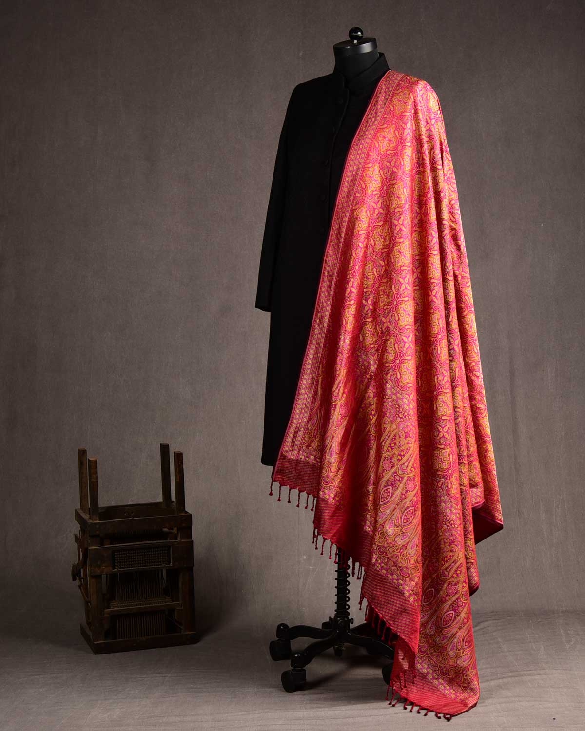 Pink-Yellow Tehra Jamawar Brocade Handwoven Katan Silk Banarasi Dupatta-HolyWeaves