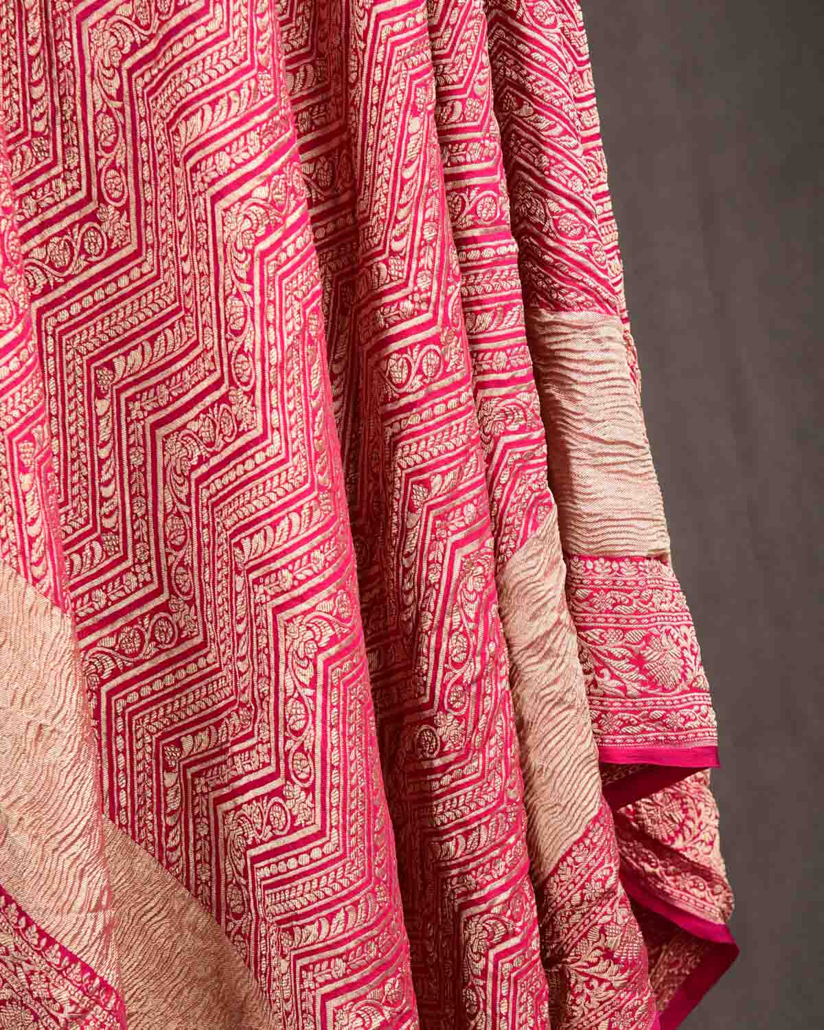 Rani Pink Gold Zari Ornament Chevron Cutwork Brocade Handwoven Khaddi Georgette Banarasi Dupatta-HolyWeaves