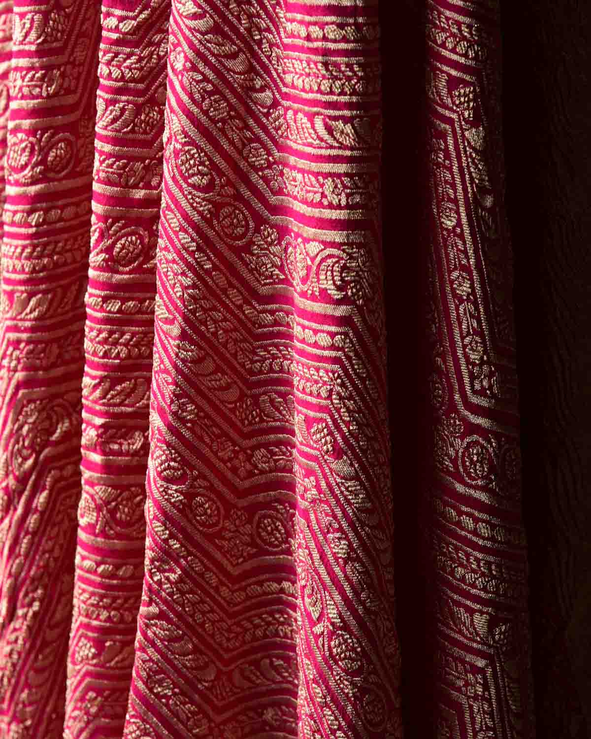 Rani Pink Gold Zari Ornament Chevron Cutwork Brocade Handwoven Khaddi Georgette Banarasi Dupatta-HolyWeaves