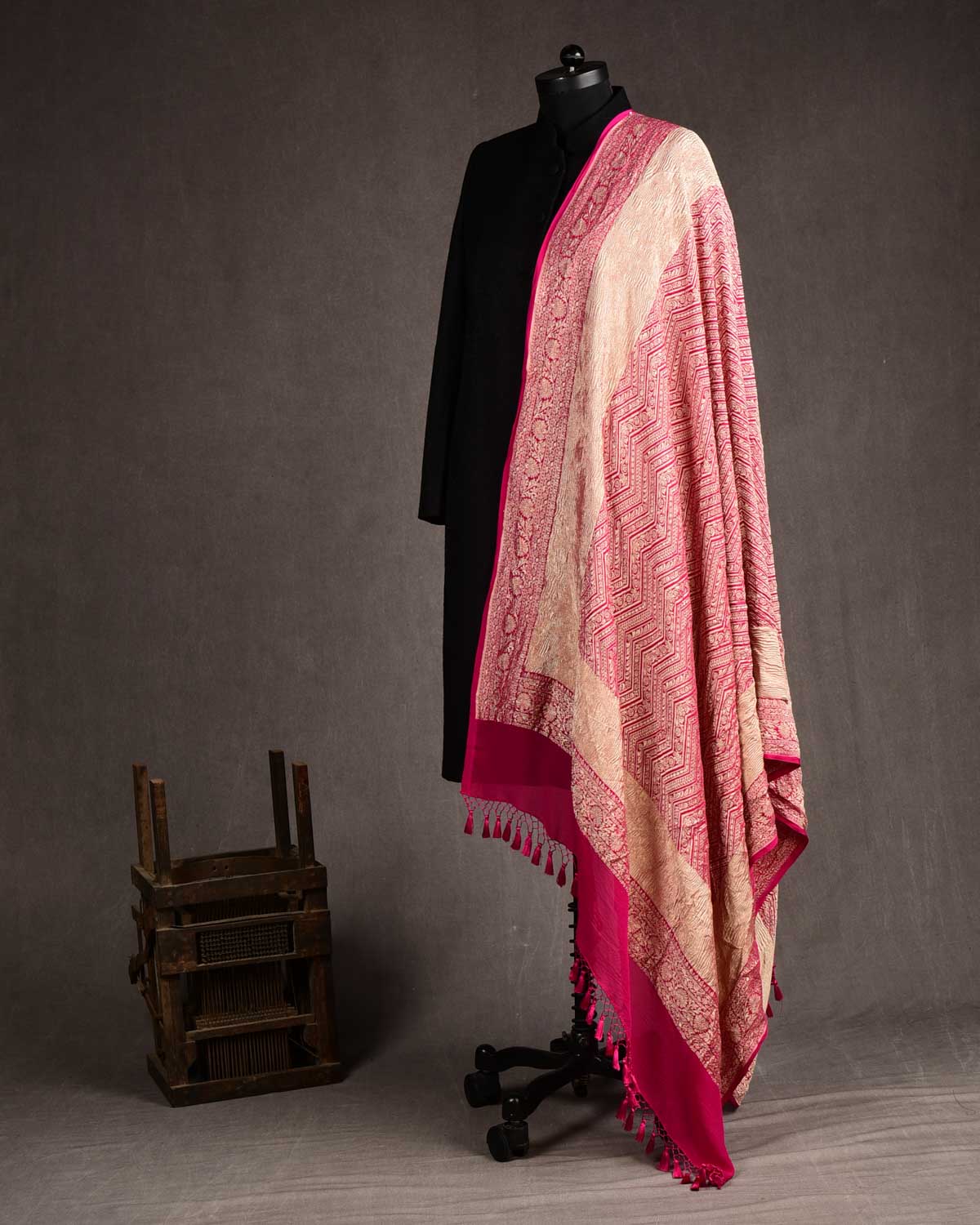 Rani Pink Gold Zari Ornament Chevron Cutwork Brocade Handwoven Khaddi Georgette Banarasi Dupatta-HolyWeaves