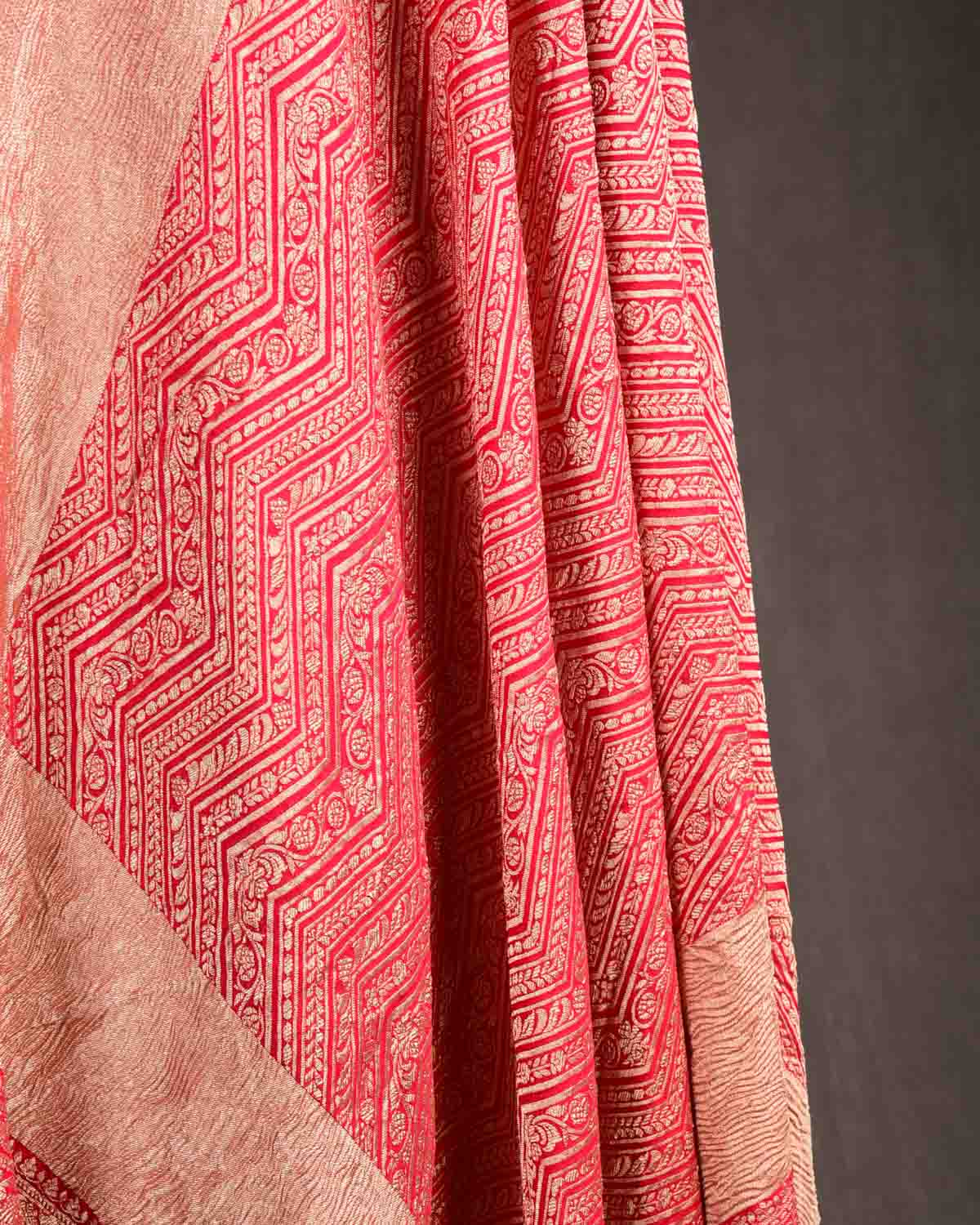 Red Gold Zari Ornament Chevron Cutwork Brocade Handwoven Khaddi Georgette Banarasi Dupatta-HolyWeaves