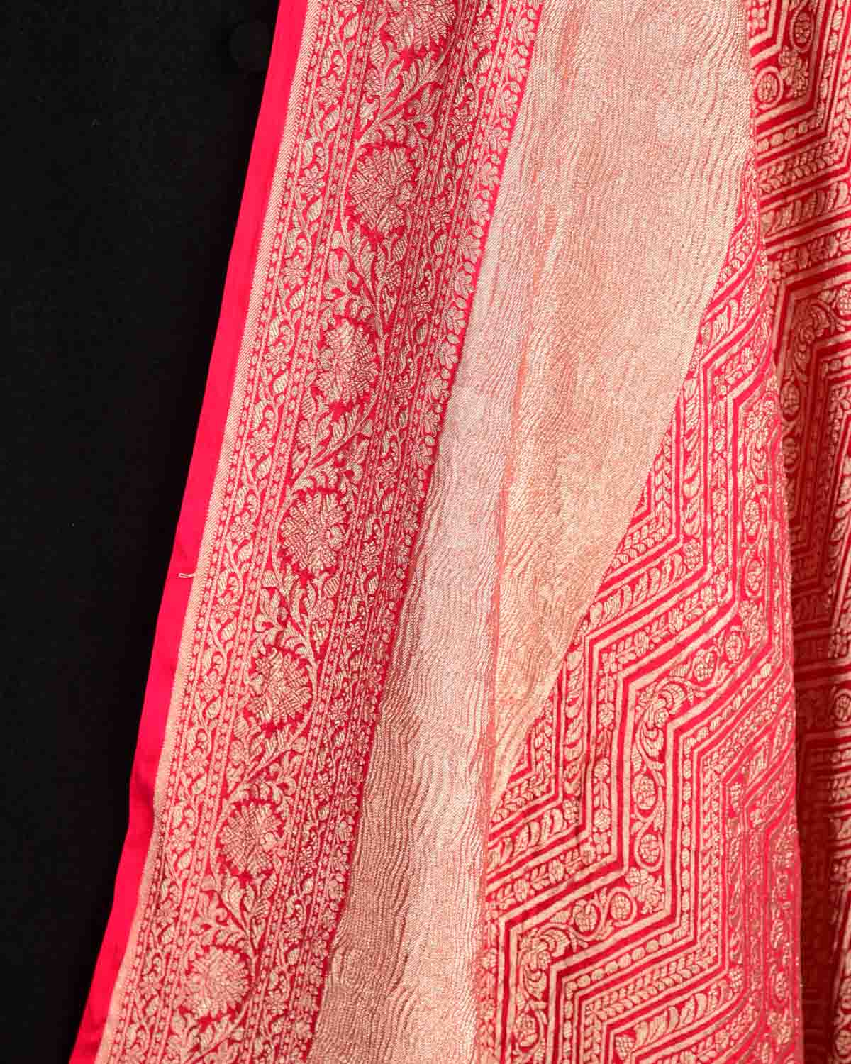 Red Gold Zari Ornament Chevron Cutwork Brocade Handwoven Khaddi Georgette Banarasi Dupatta-HolyWeaves