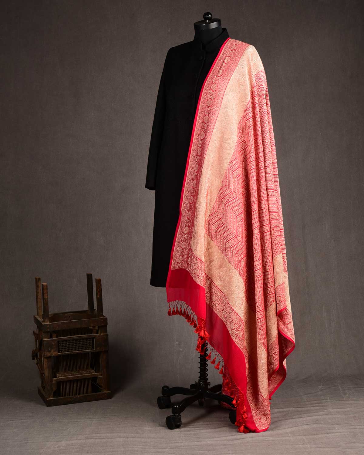 Red Gold Zari Ornament Chevron Cutwork Brocade Handwoven Khaddi Georgette Banarasi Dupatta-HolyWeaves