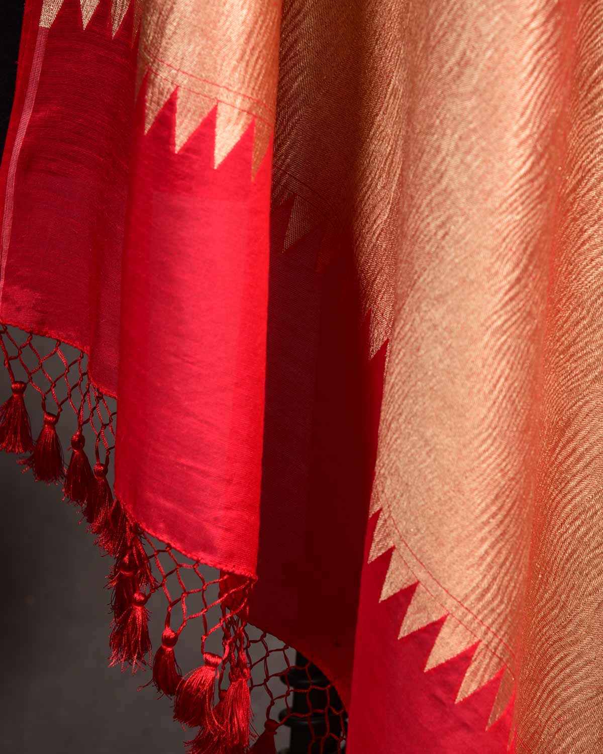 Red Gold Zari Polka Buti Cutwork Brocade Handwoven Muga Silk Banarasi Dupatta-HolyWeaves
