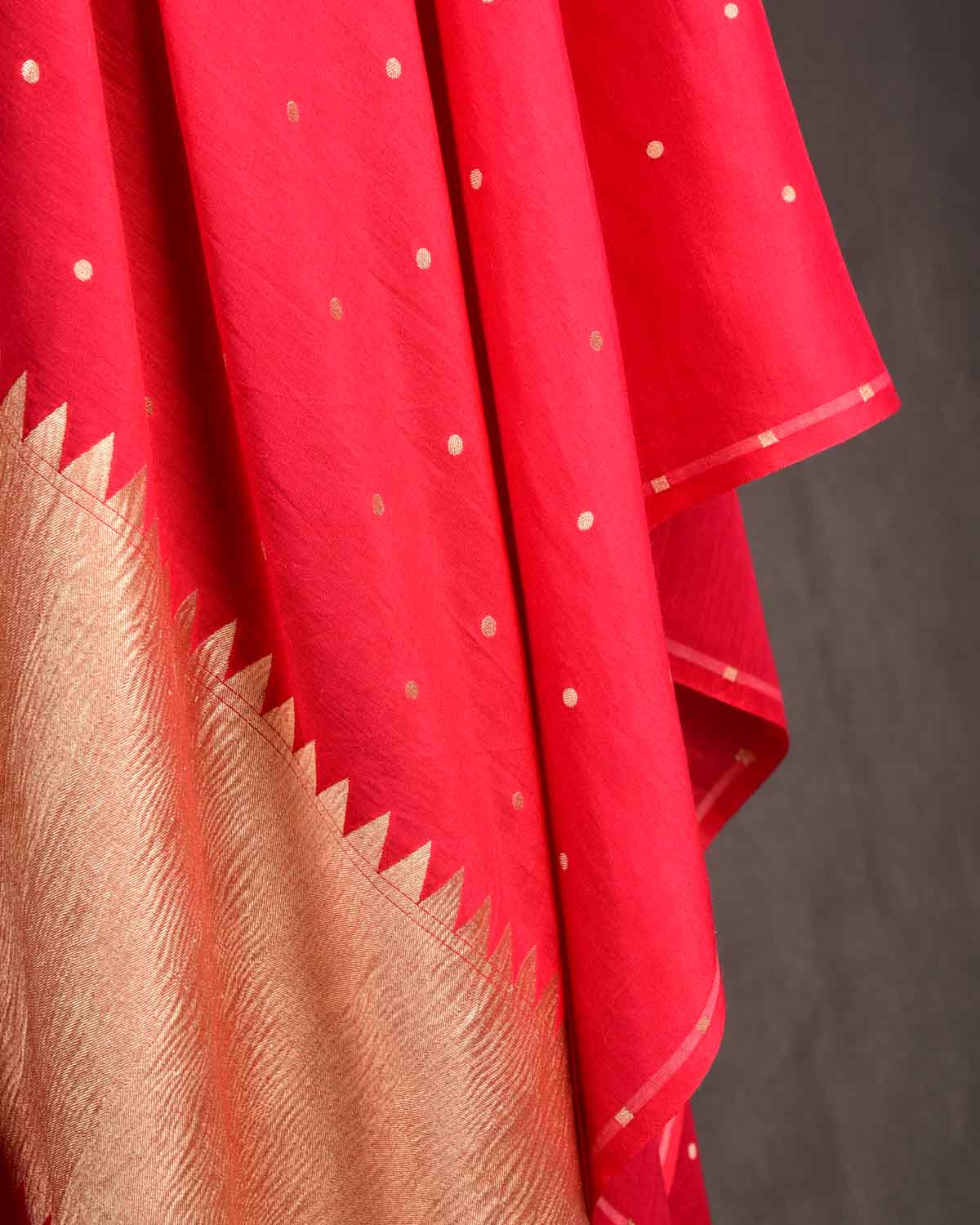 Red Gold Zari Polka Buti Cutwork Brocade Handwoven Muga Silk Banarasi Dupatta-HolyWeaves