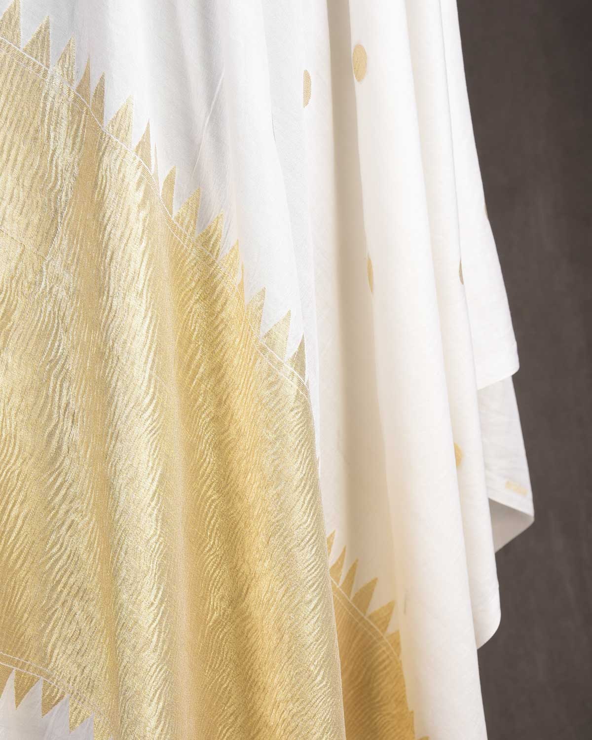 White Gold Zari Asharfi Buti Cutwork Brocade Handwoven Muga Silk Banarasi Dupatta-HolyWeaves