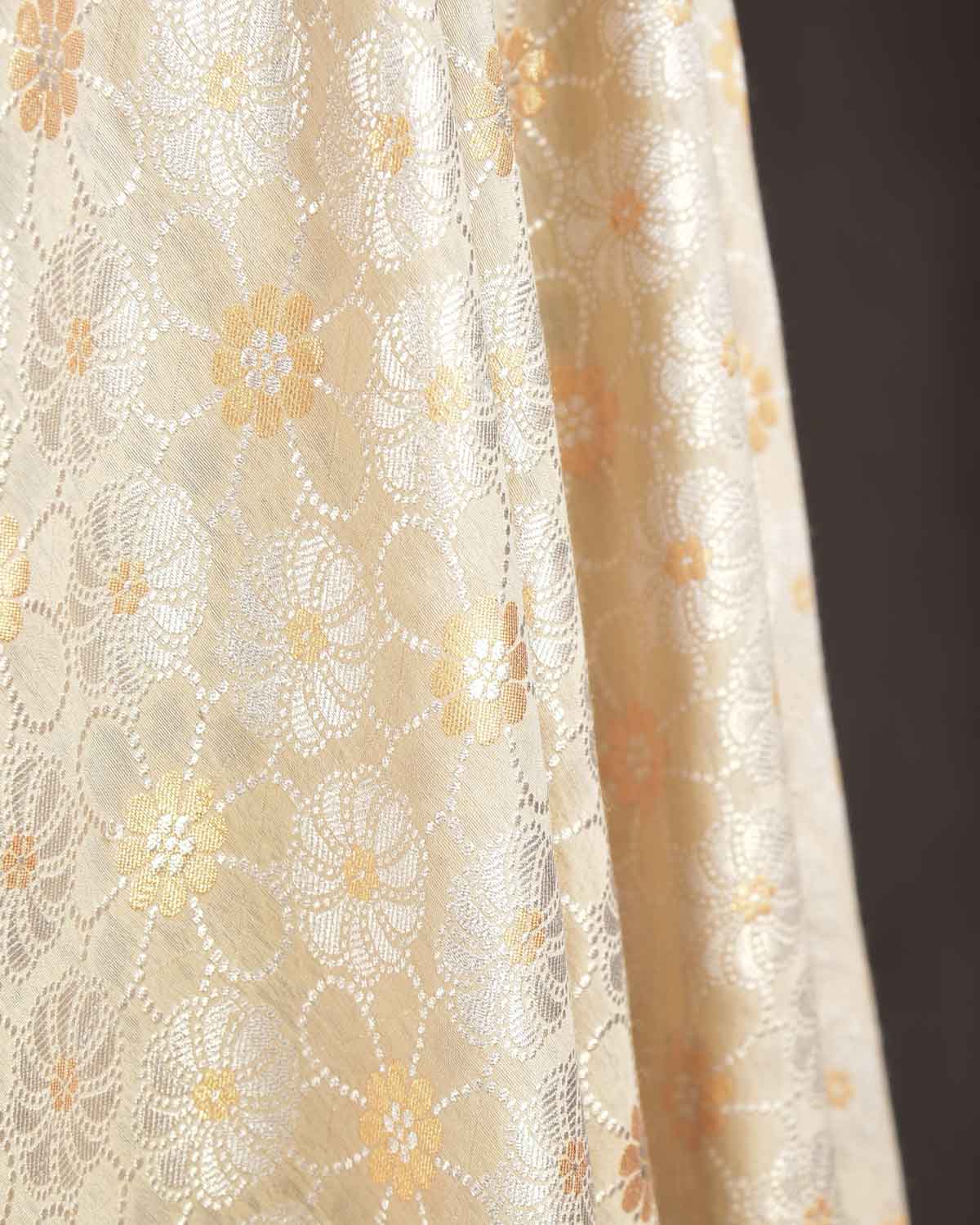 Beige Gold & Silver Zari Floral Jaal Cutwork Brocade Woven Muga Silk Banarasi Dupatta-HolyWeaves